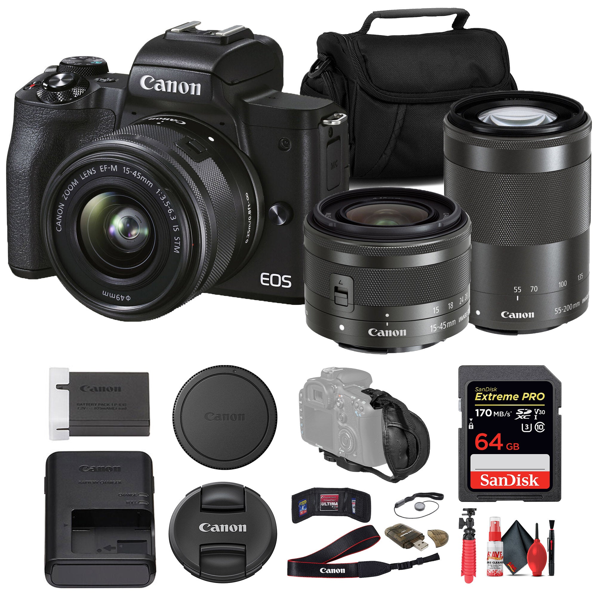 Canon EOS M50 Mark II Mirrorless Camera W/ 15-45mm Lens + 64GB Card Basic Bundle