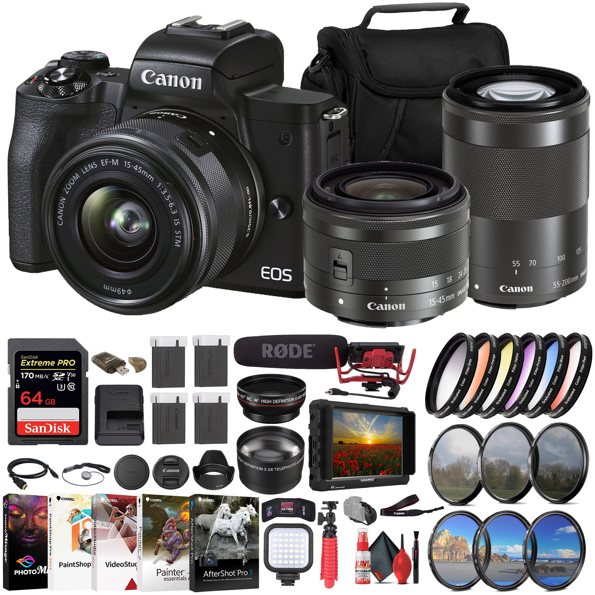 Canon EOS M50 Mark II Mirrorless Camera W/ 15-45mm Lens + 64GB Card Advanced Bundle
