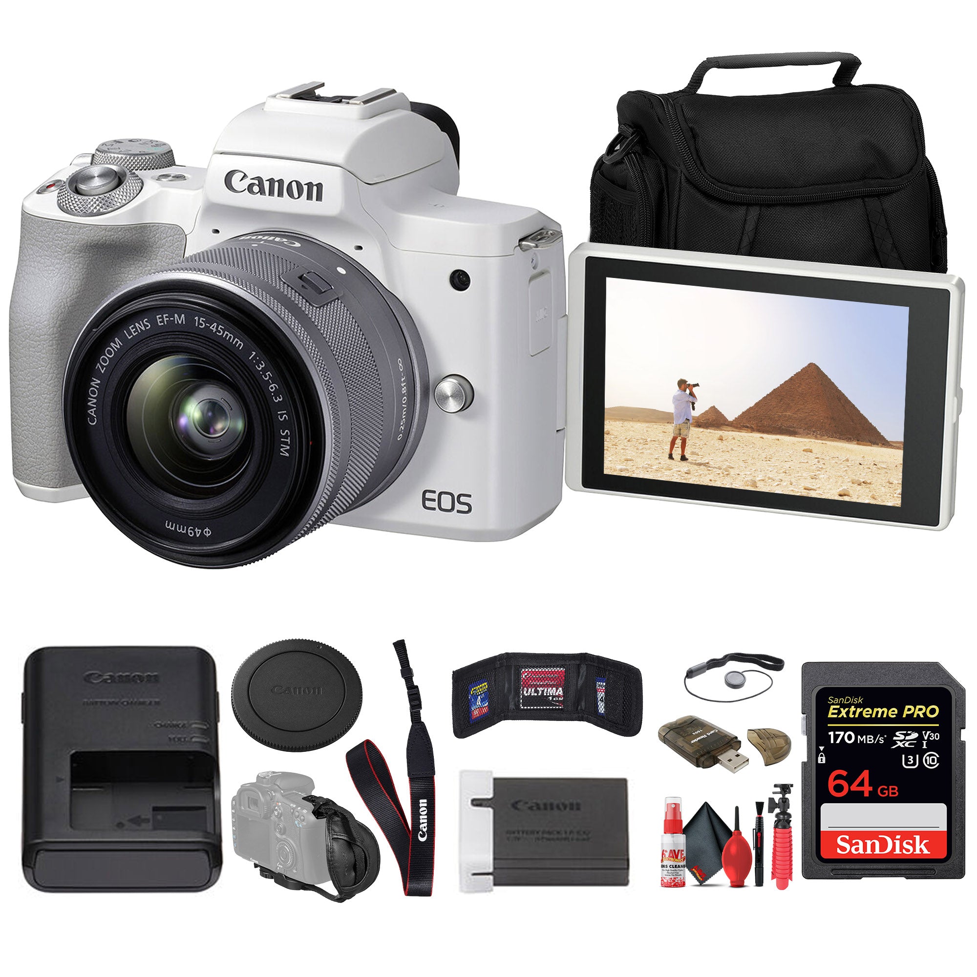 Canon EOS M50 Mark II Mirrorless Camera with 15-45mm Lens + 64GB Card Base Bundle