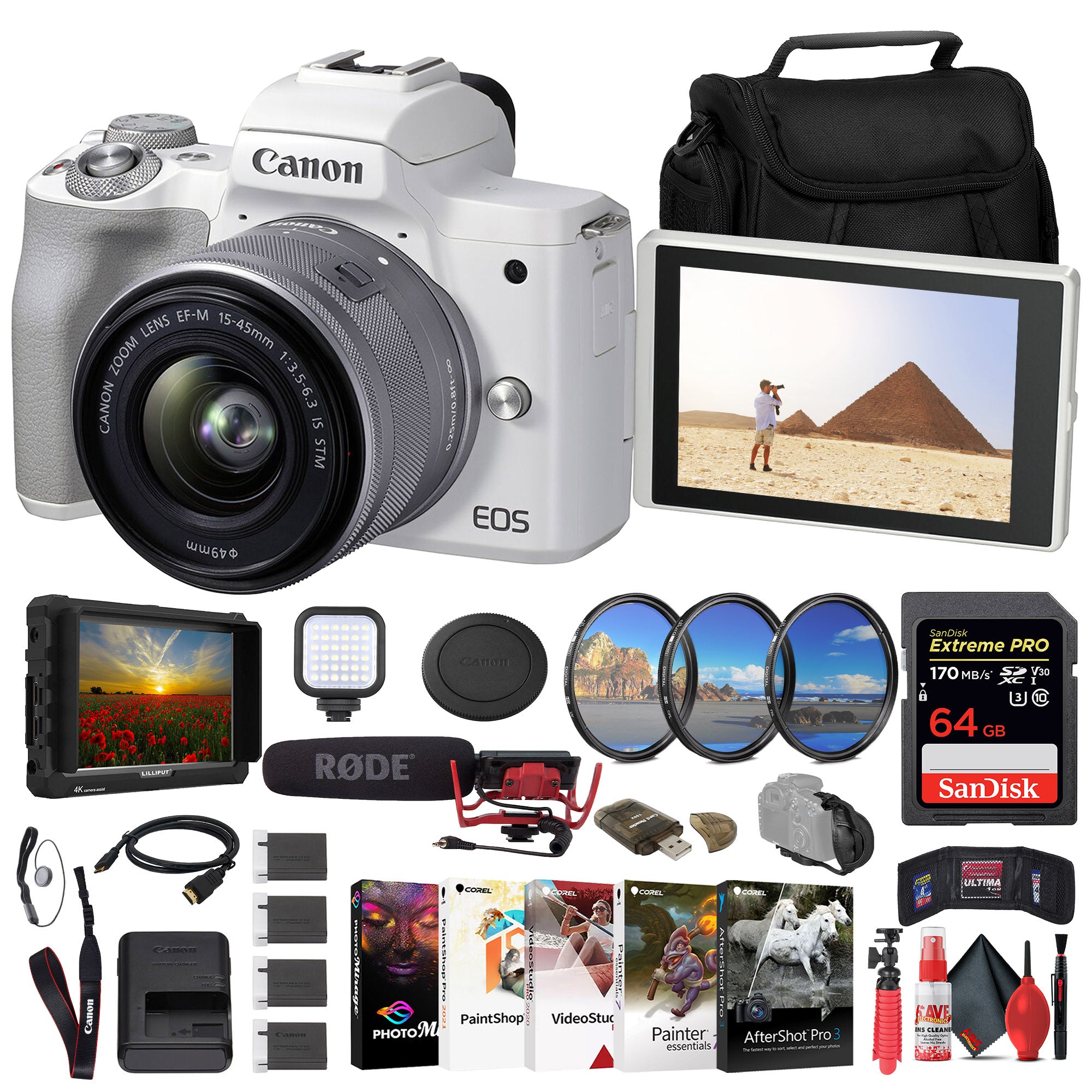Canon EOS M50 Mark II Mirrorless Camera W/ 15-45mm Lens + 64GB Card Monitor Bundle