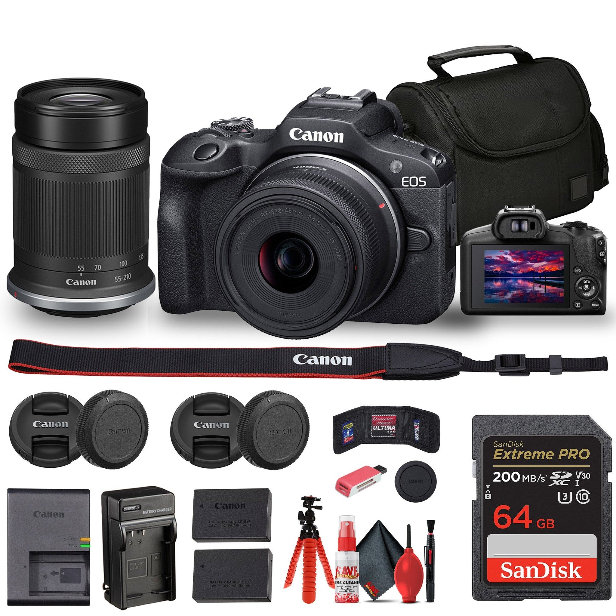 Canon EOS R100 Mirrorless Camera with 18-45mm and 55-210mm Lenses Kit + Bag + More Canon