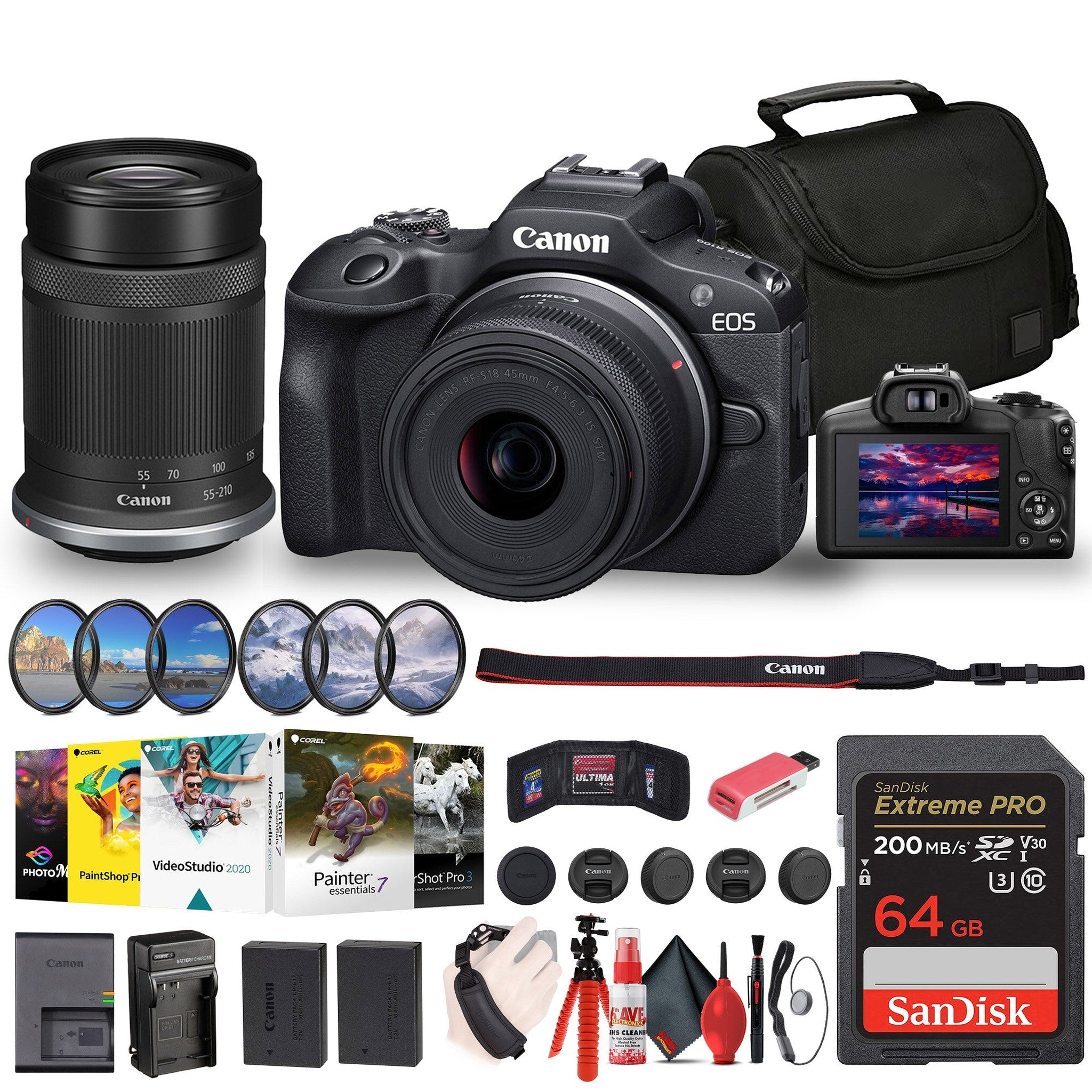 Canon EOS R100 Mirrorless Camera with 18-45mm and 55-210mm Lenses Kit + Filters + More Canon