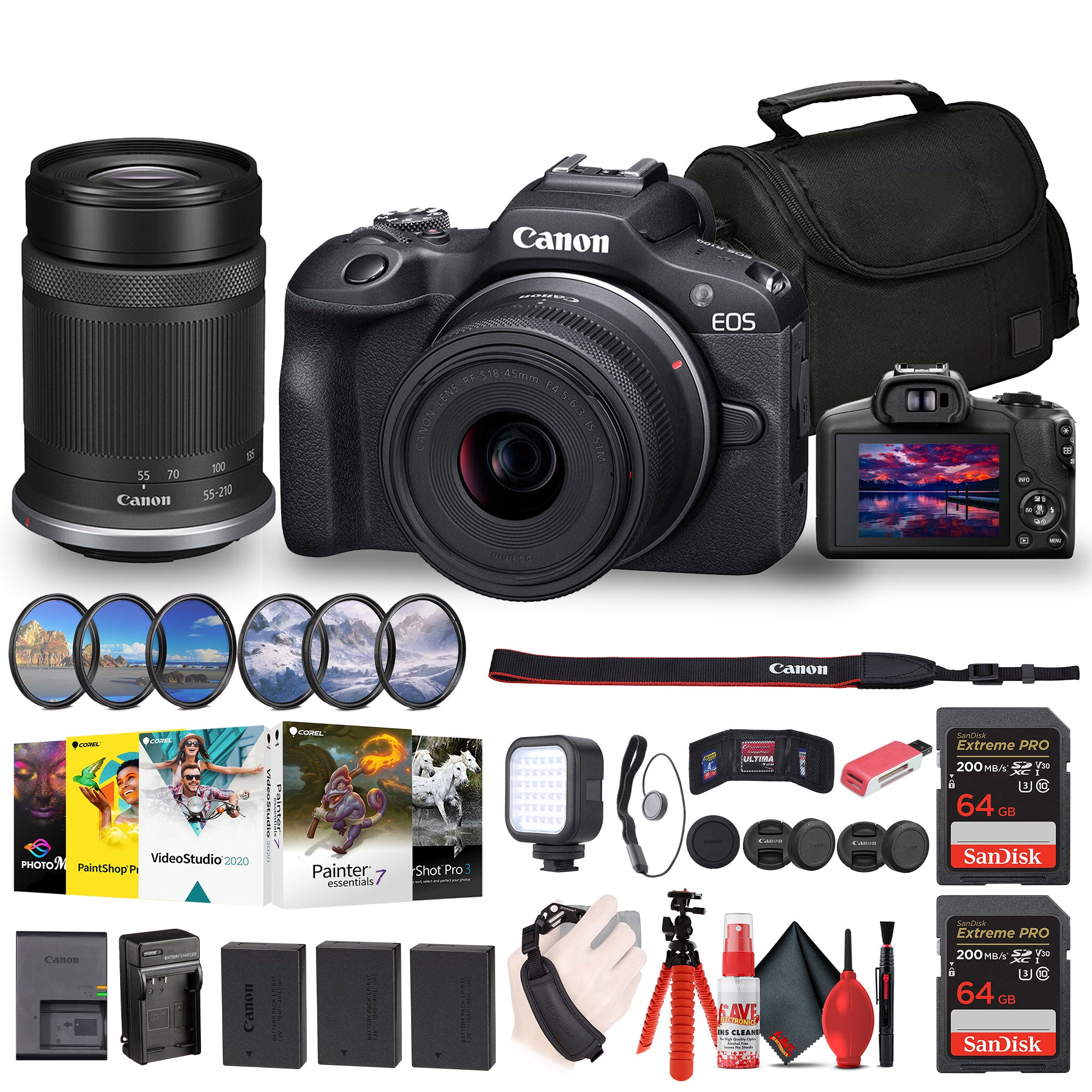 Canon EOS R100 Mirrorless Camera with 18-45mm and 55-210mm Lenses Kit + Filters + More