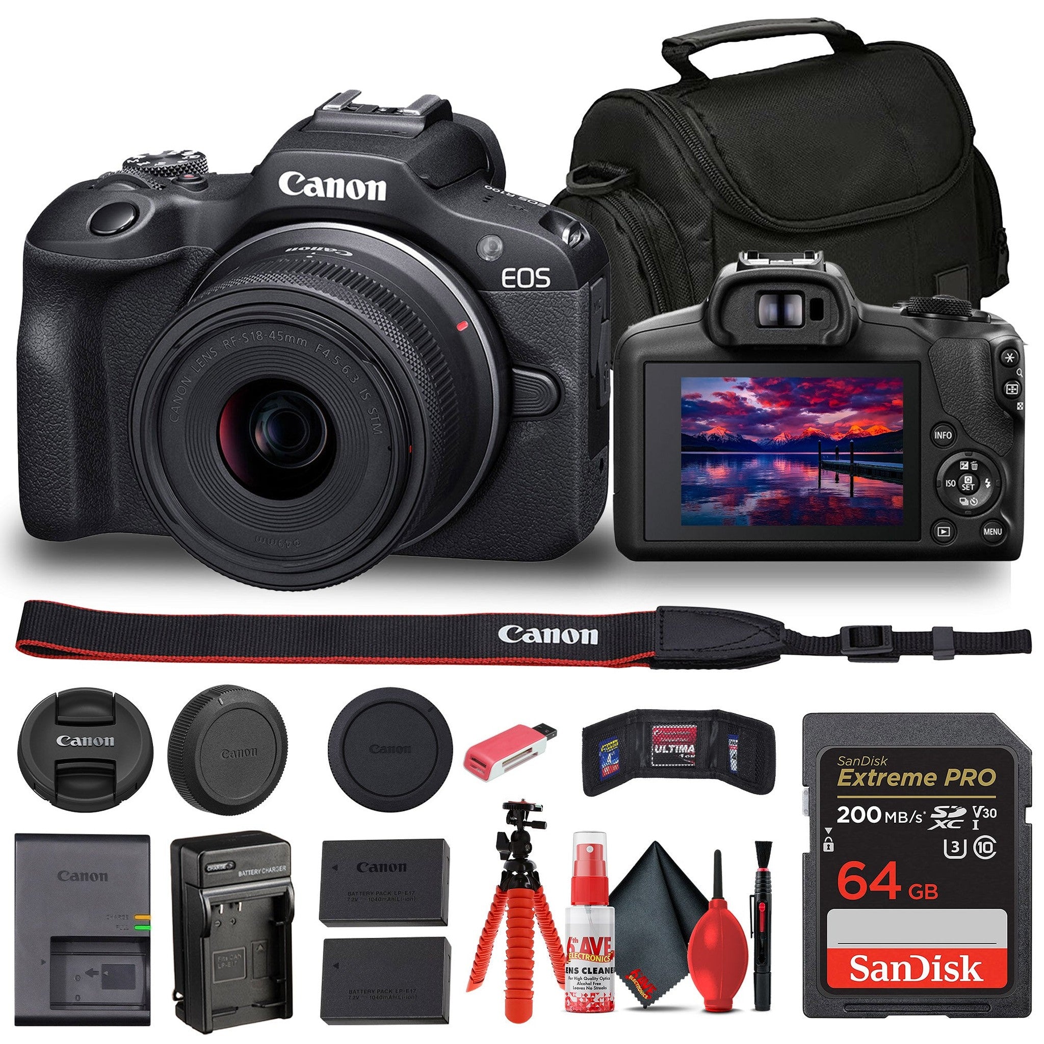 Canon EOS R100 Mirrorless Camera with 18-45mm Lens + Bag + 64GB Card + LPE17 Battery + More Canon