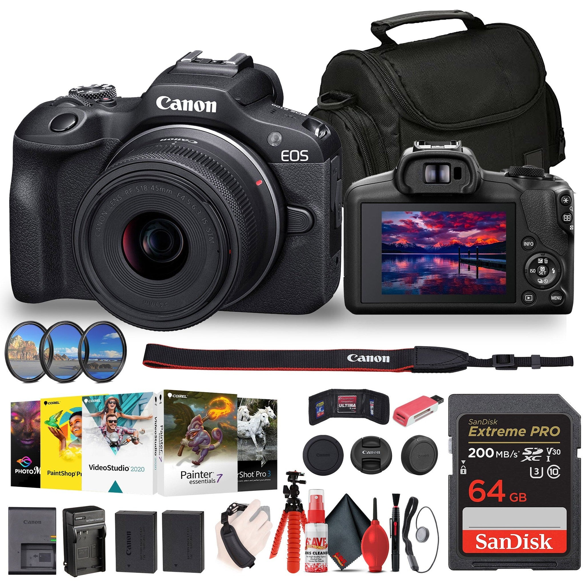 Canon EOS R100 Mirrorless Camera with 18-45mm Lens + Filter Kit + Corel Software + More - Reconditioned Canon