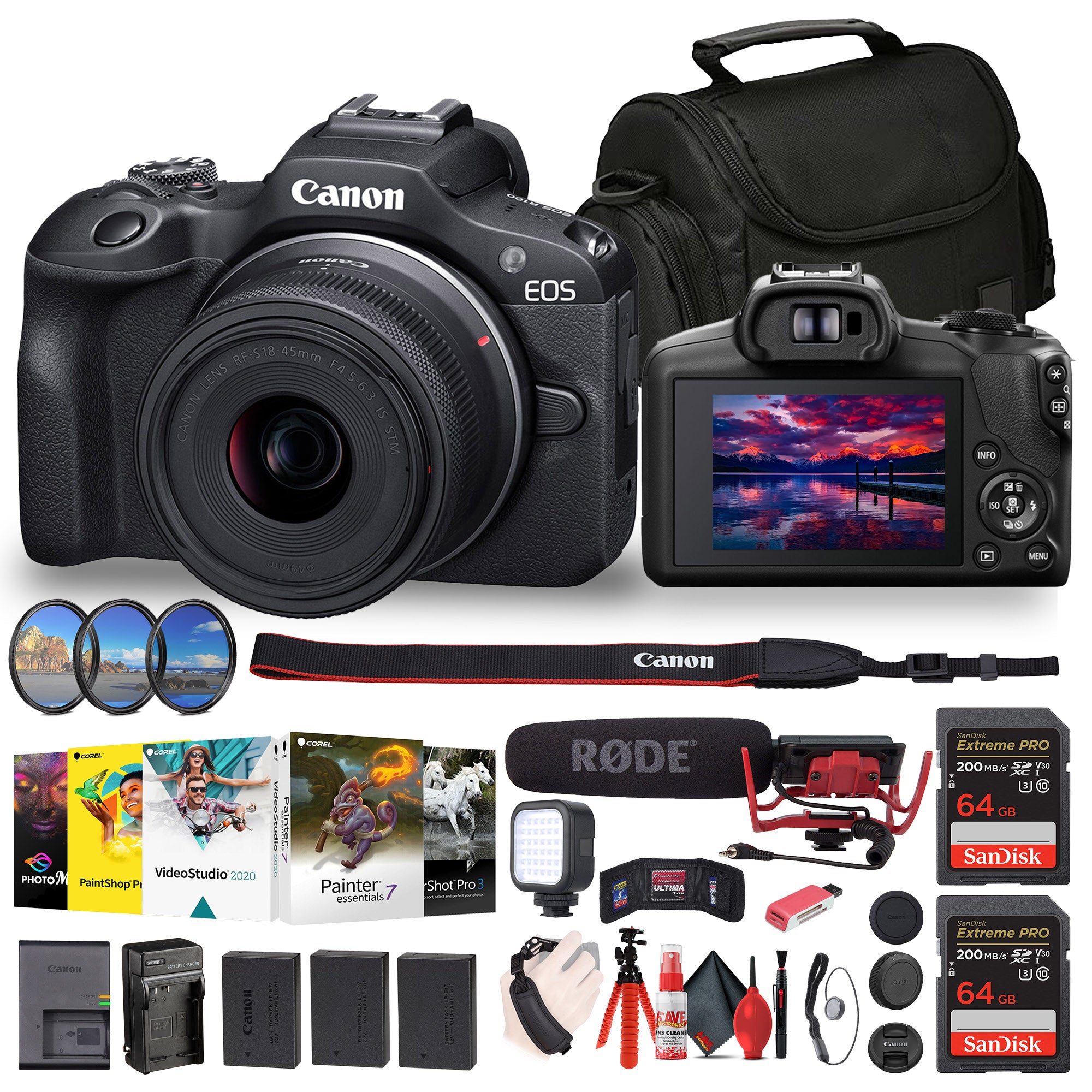 Canon EOS R100 Mirrorless Camera with 18-45mm Lens + Rode Mic + Filter Kit + More