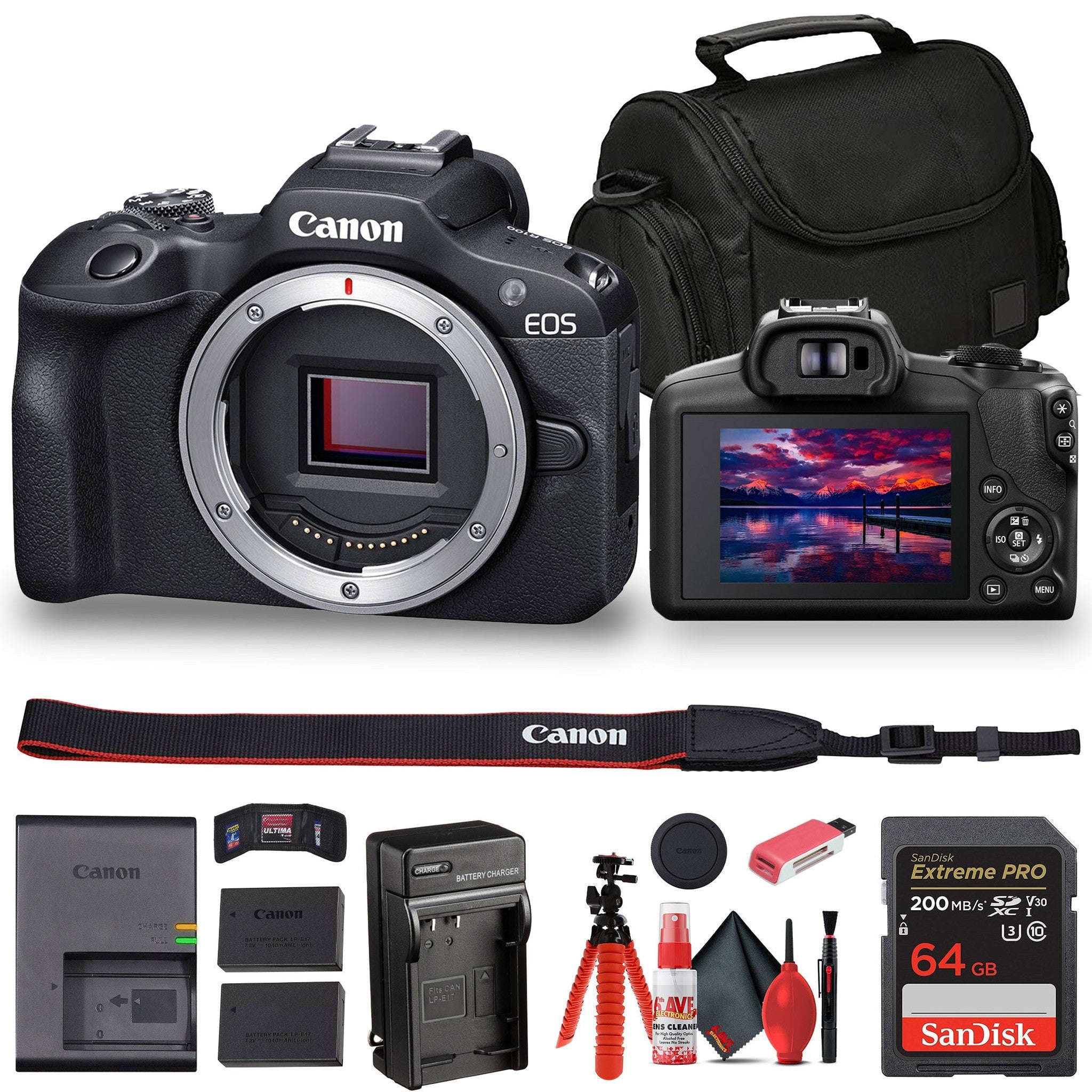 Canon EOS R100 Mirrorless Camera 6052C002 + Bag + 64GB Card + LPE17 Battery + More Canon