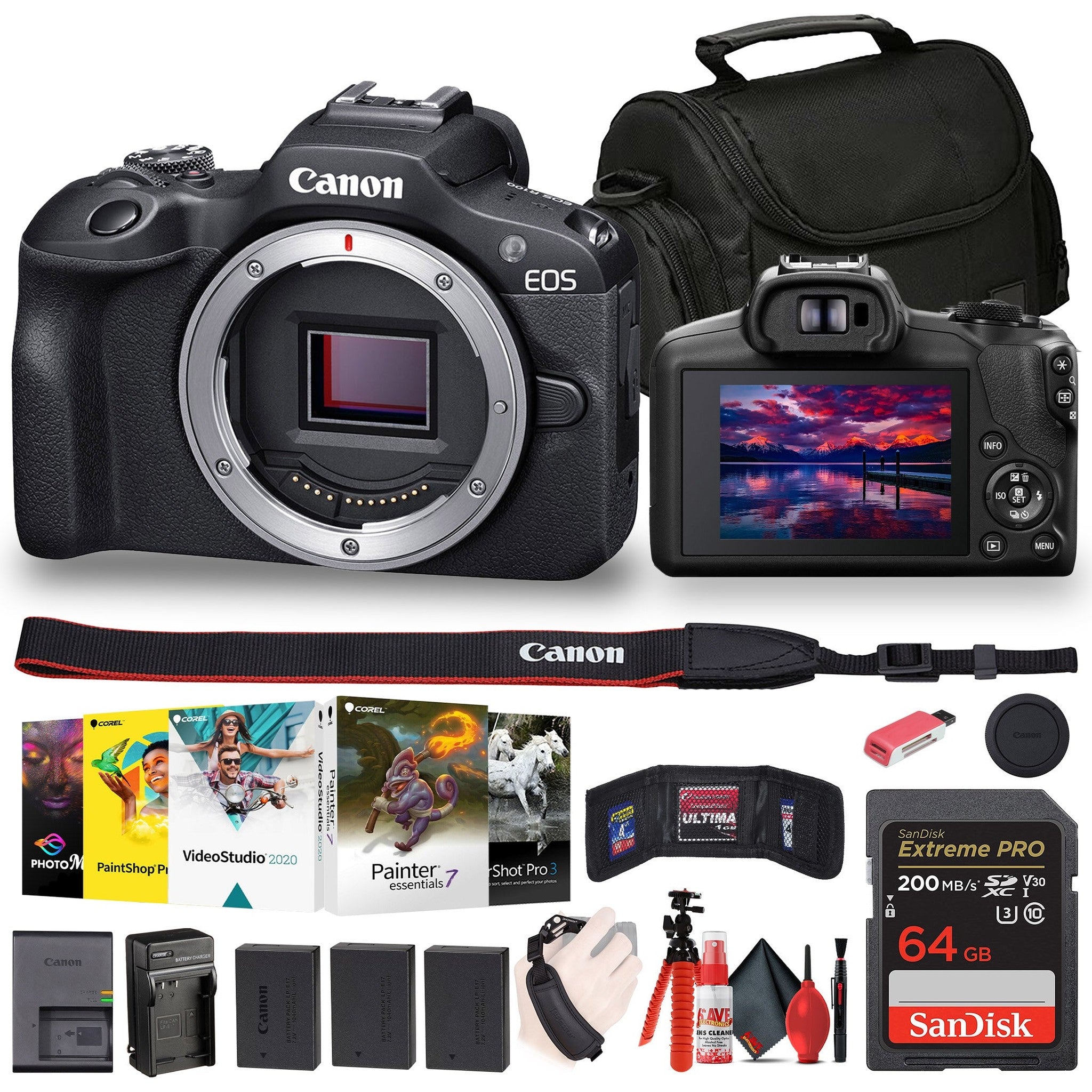 Canon EOS R100 Mirrorless Camera 6052C002 + Corel Photo Software + Bag + 64GB Card + More Canon