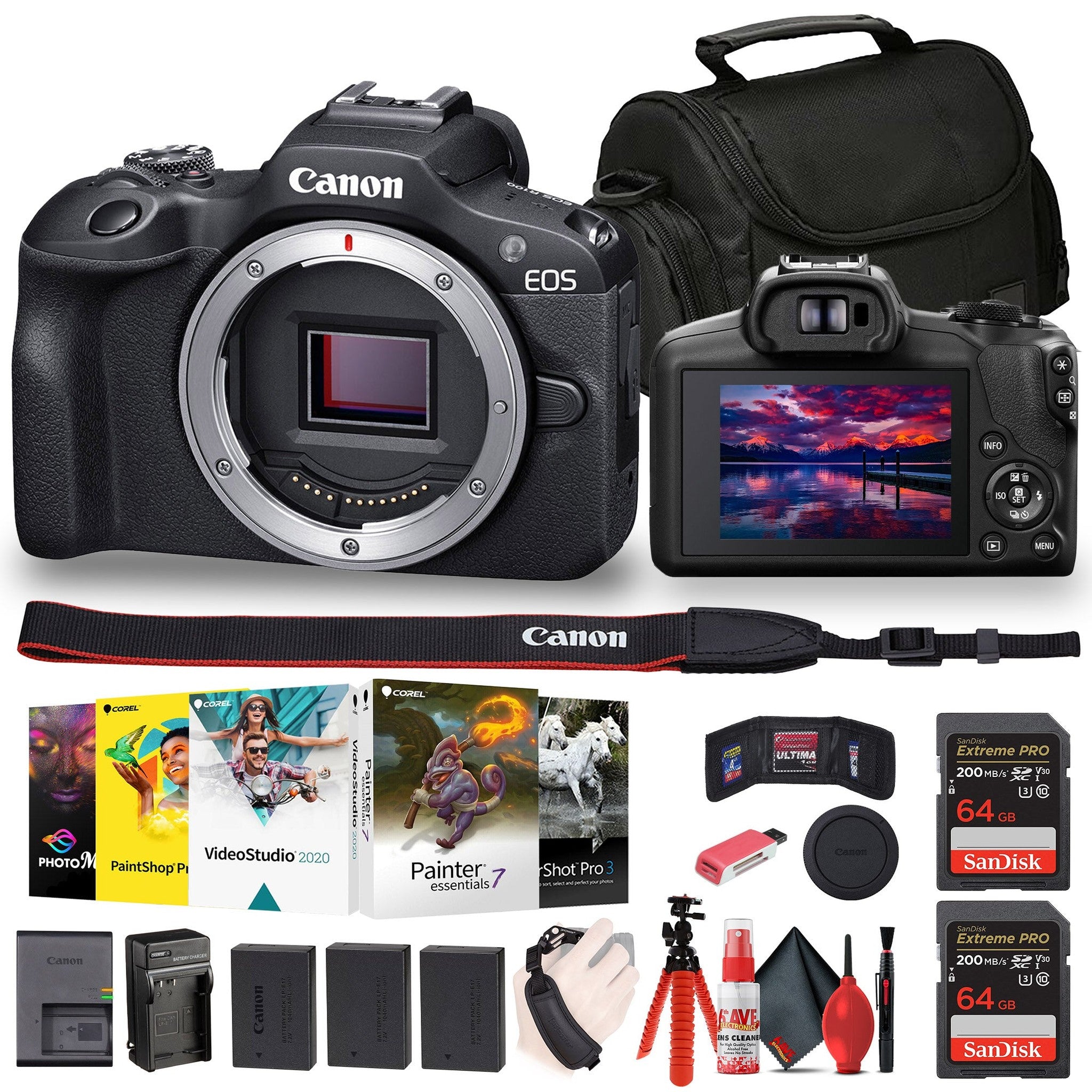 Canon EOS R100 Mirrorless Camera + Corel Photo Software + Bag + 2 x 64GB Card + More Canon