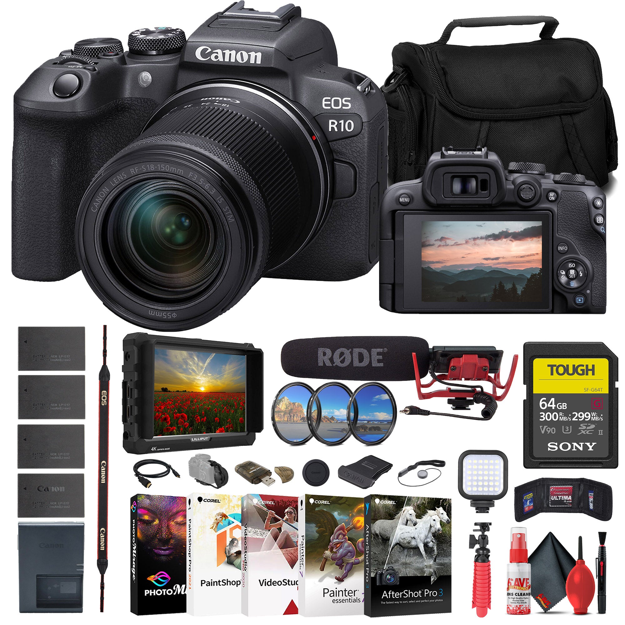 Canon EOS R10 Mirrorless Camera W/ 18-150mm Lens + 4K Monitor + VideoMic + More