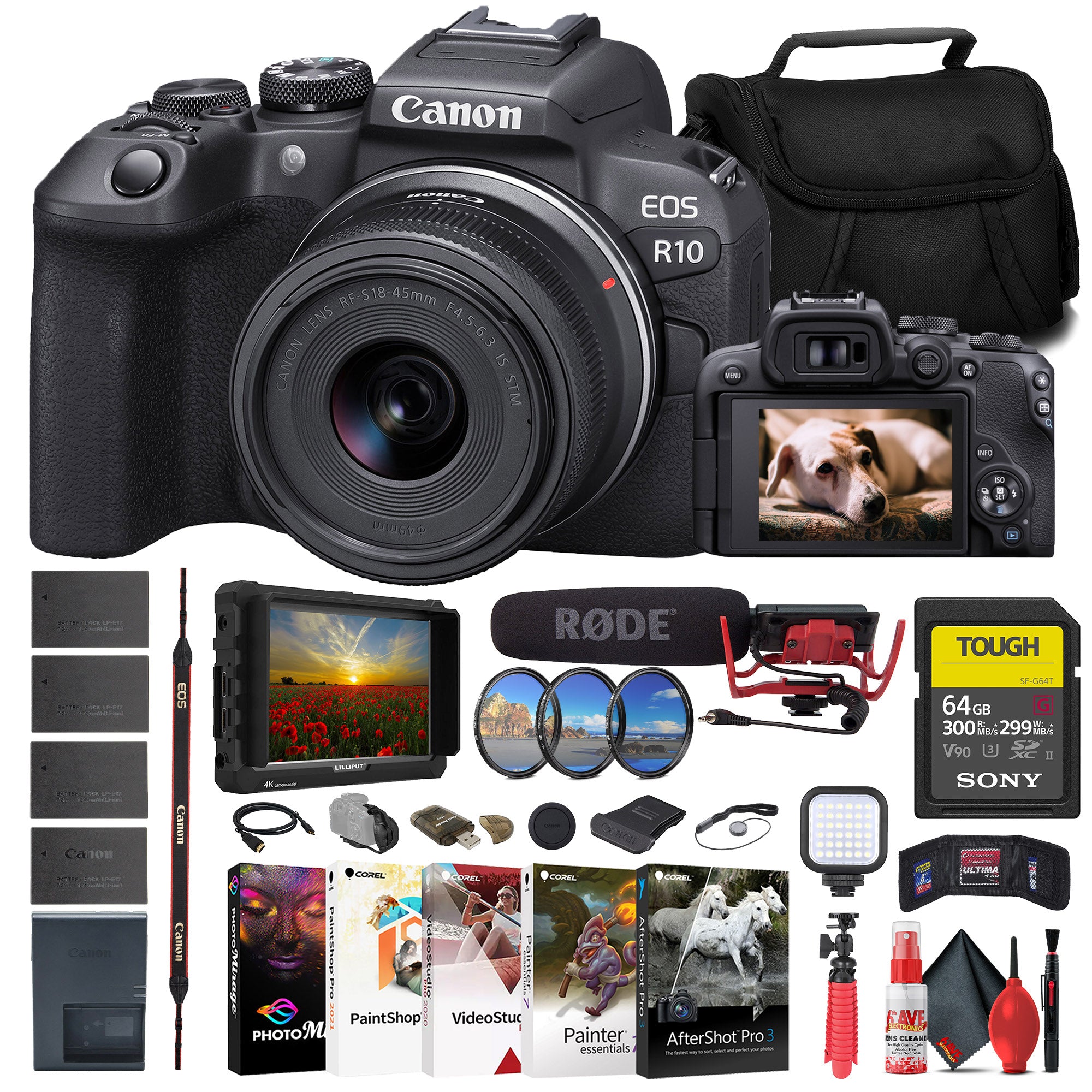 Canon EOS R10 Mirrorless Camera W/ 18-45mm Lens + 4K Monitor + VideoMic + More