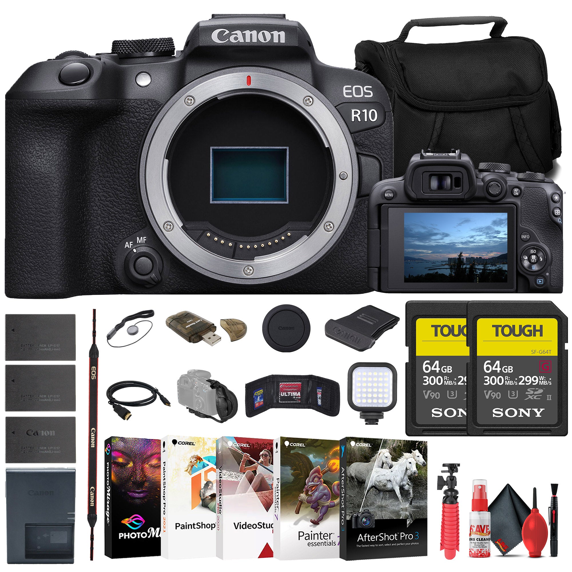 Canon EOS R10 Mirrorless Camera + 2 x Sony 64GB TOUGH SD Card + Bag + More
