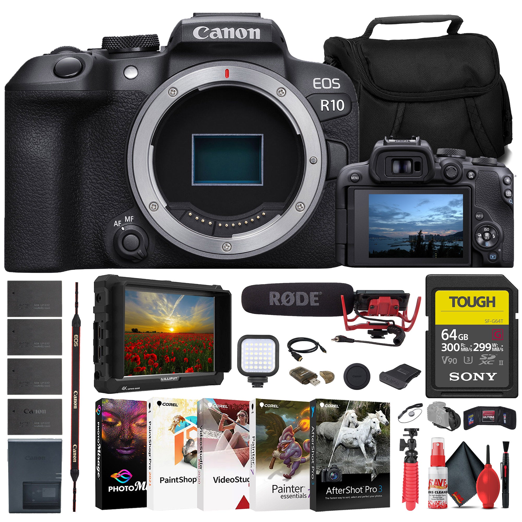 Canon EOS R10 Mirrorless Camera + 4K Monitor + Rode VideoMic + 64GB Card+ More