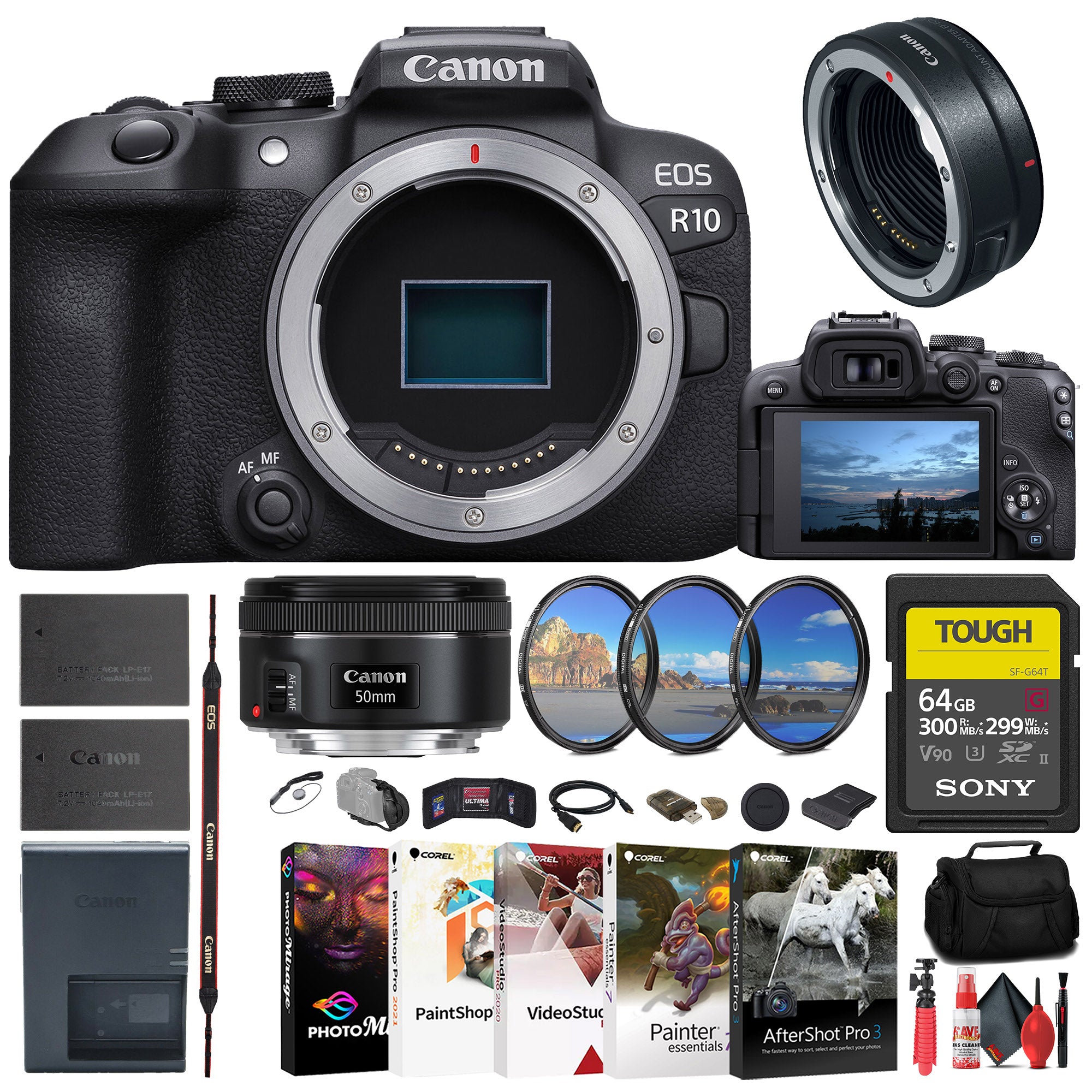 Canon EOS R10 Mirrorless Camera + Canon EF 50mm Lens + Canon Mount Adapter + More