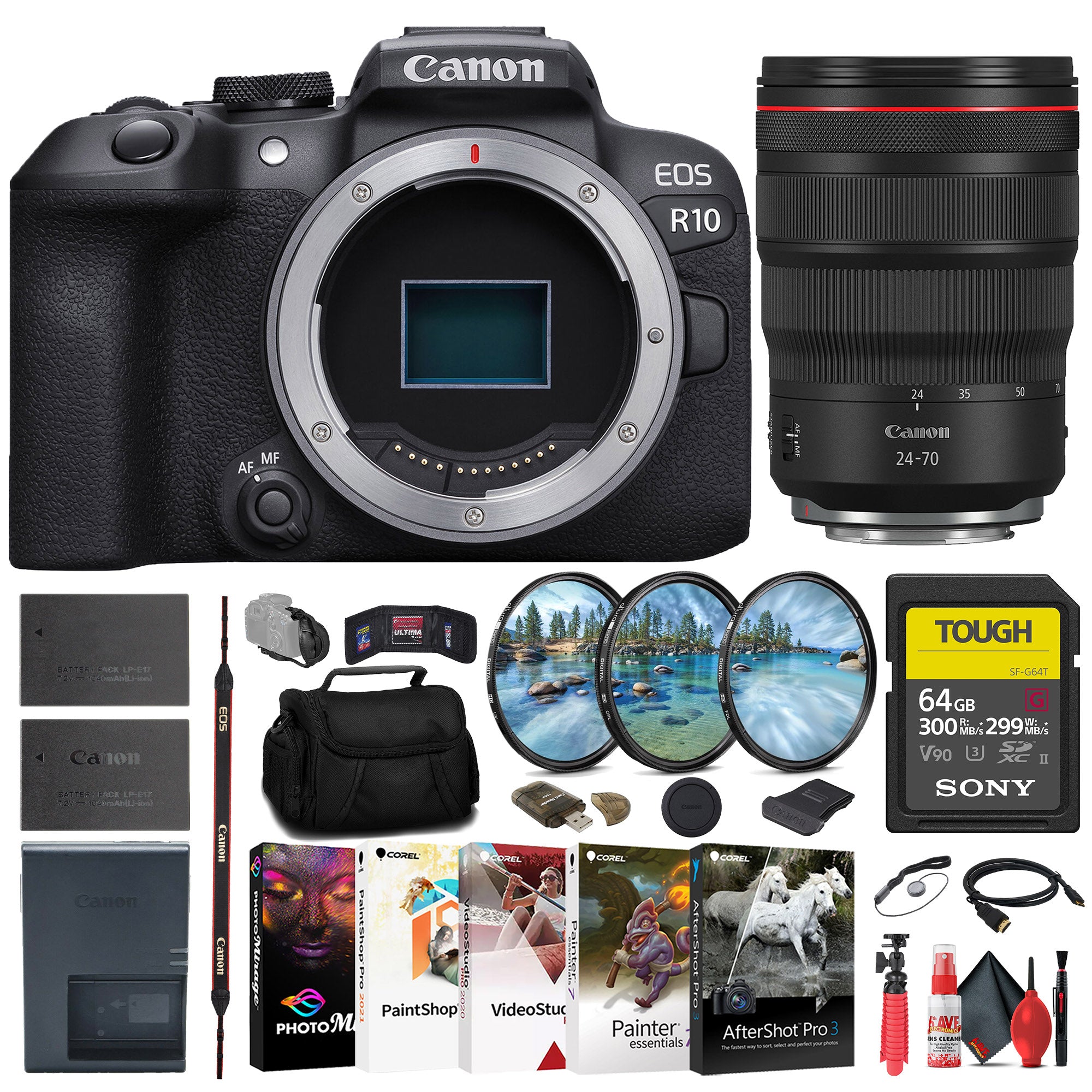 Canon EOS R10 Mirrorless Camera + Canon 24-70mm Lens + 64GB SD Card + More