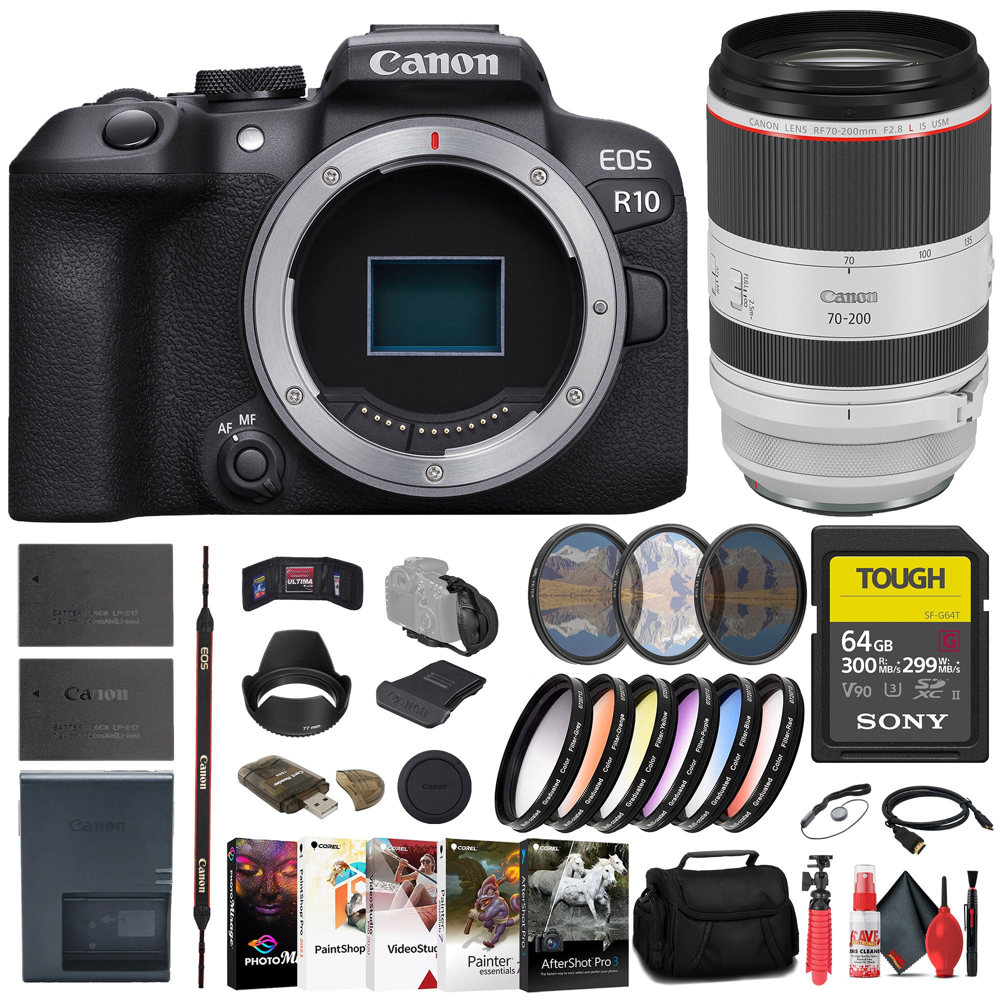 Canon EOS R10 Mirrorless Camera + Canon 70-200mm Lens + 64GB SD Card + More