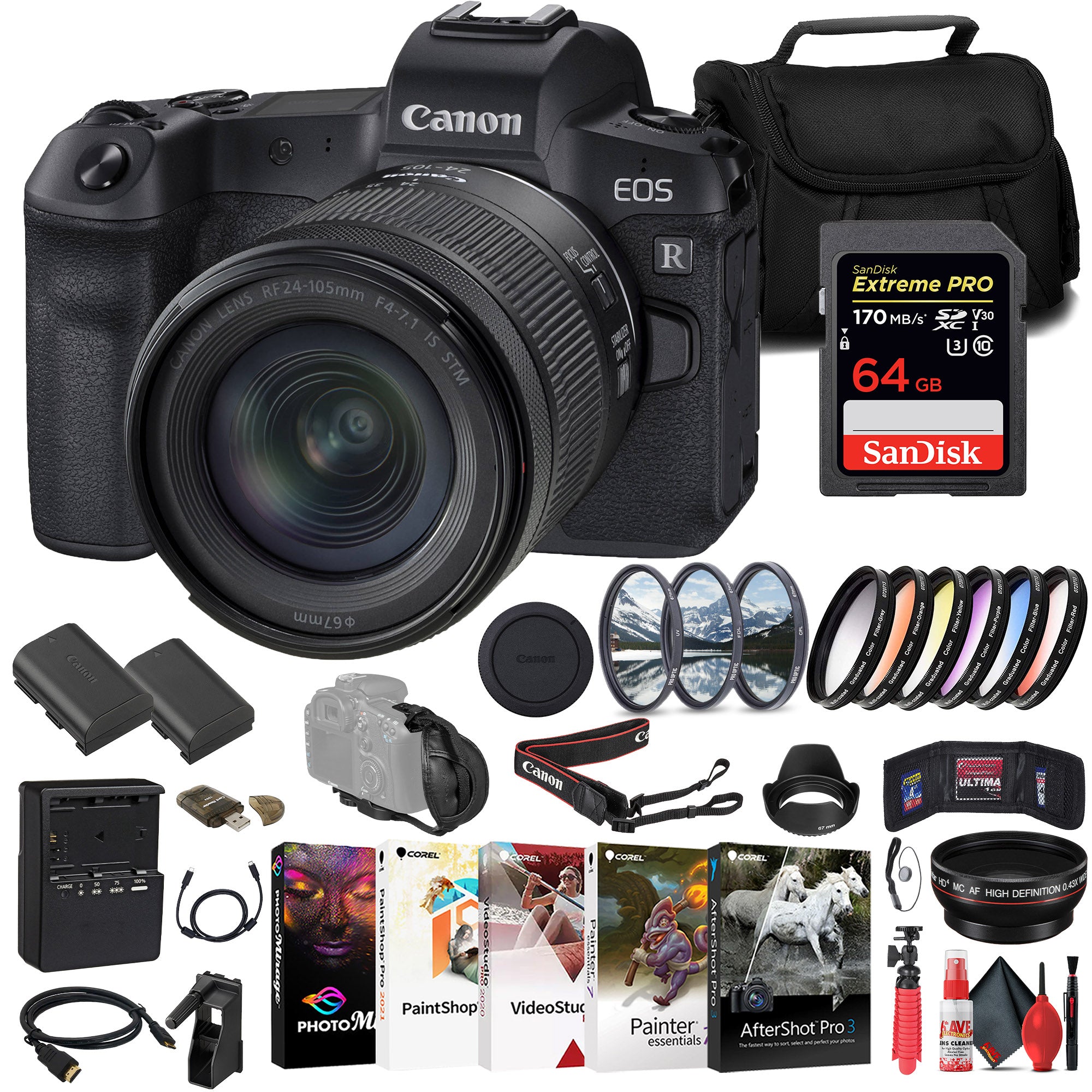 Canon EOS R Mirrorless Camera W/ 24-105mm Lens + 64GB Card + Bag Graphic Bundle