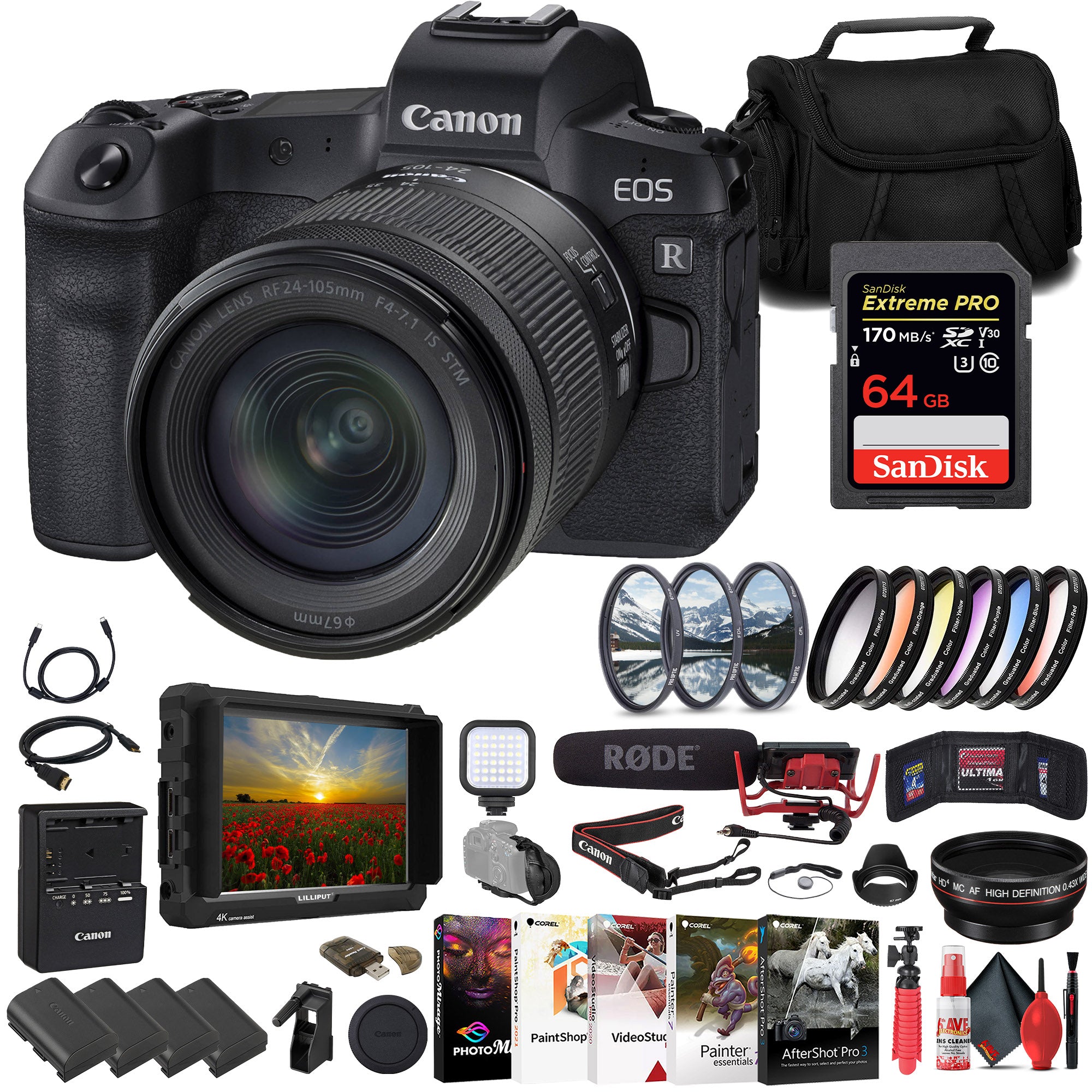 Canon EOS R Mirrorless Camera W/ 24-105mm Lens + 64GB Card + Bag Monitor Bundle