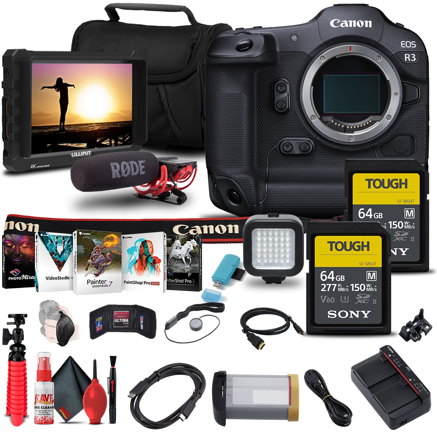 Canon EOS R3 Mirrorless Camera 4895C002 + 4K Monitor + VideoMic + More Bundle