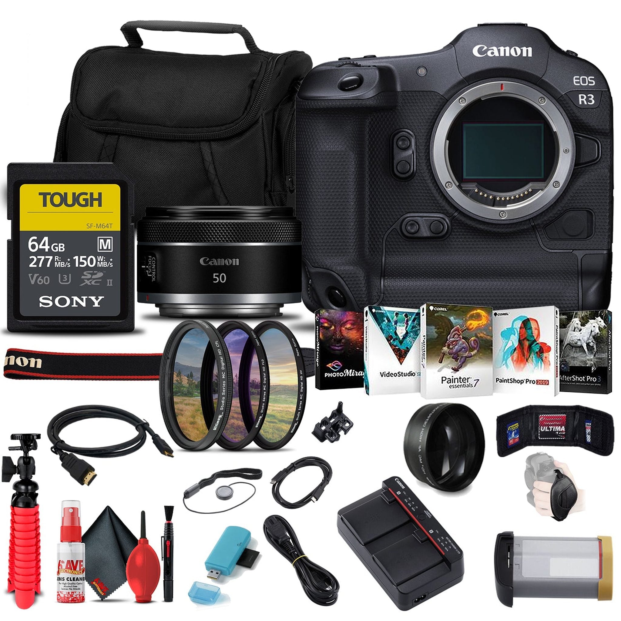 Canon EOS R3 Mirrorless Camera 4895C002 + Canon RF 50mm Lens + More Bundle - Reconditioned Canon