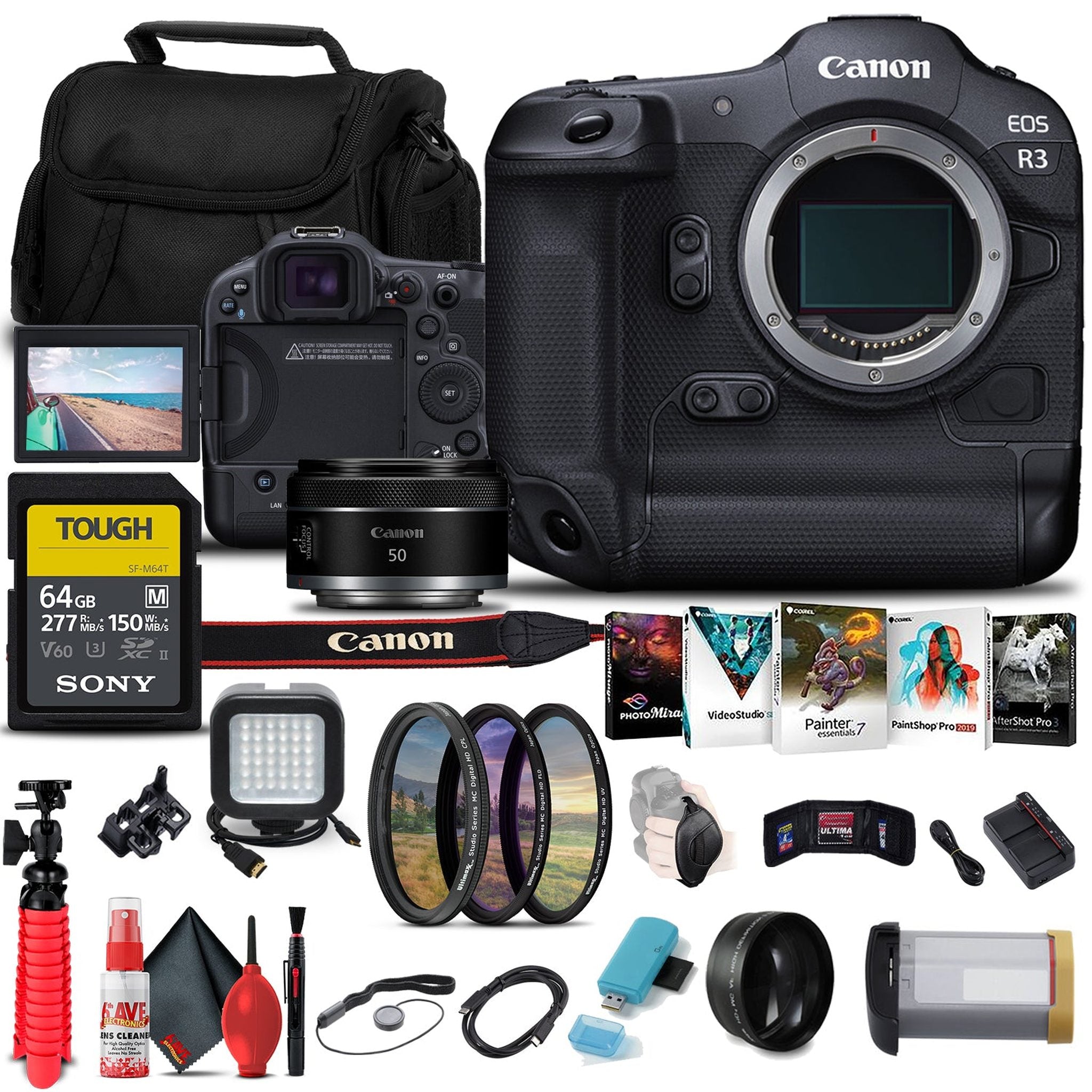 Canon EOS R3 Mirrorless Camera 4895C002 + Canon RF 50mm Lens + More Bundle - Reconditioned Canon