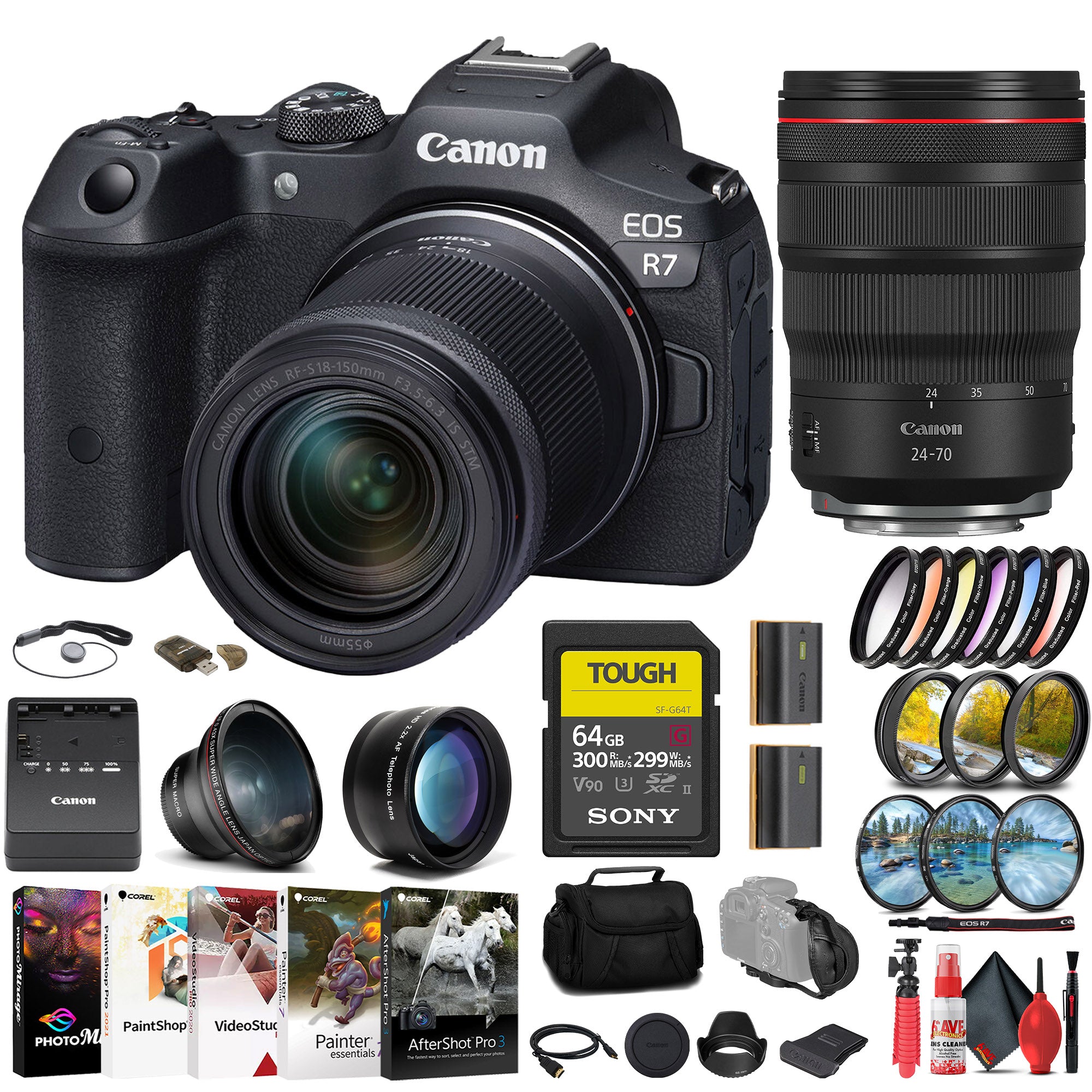 Canon EOS R7 Mirrorless Camera W/ 18-150mm Lens + Canon 24-70mm Lens + 64GB + More