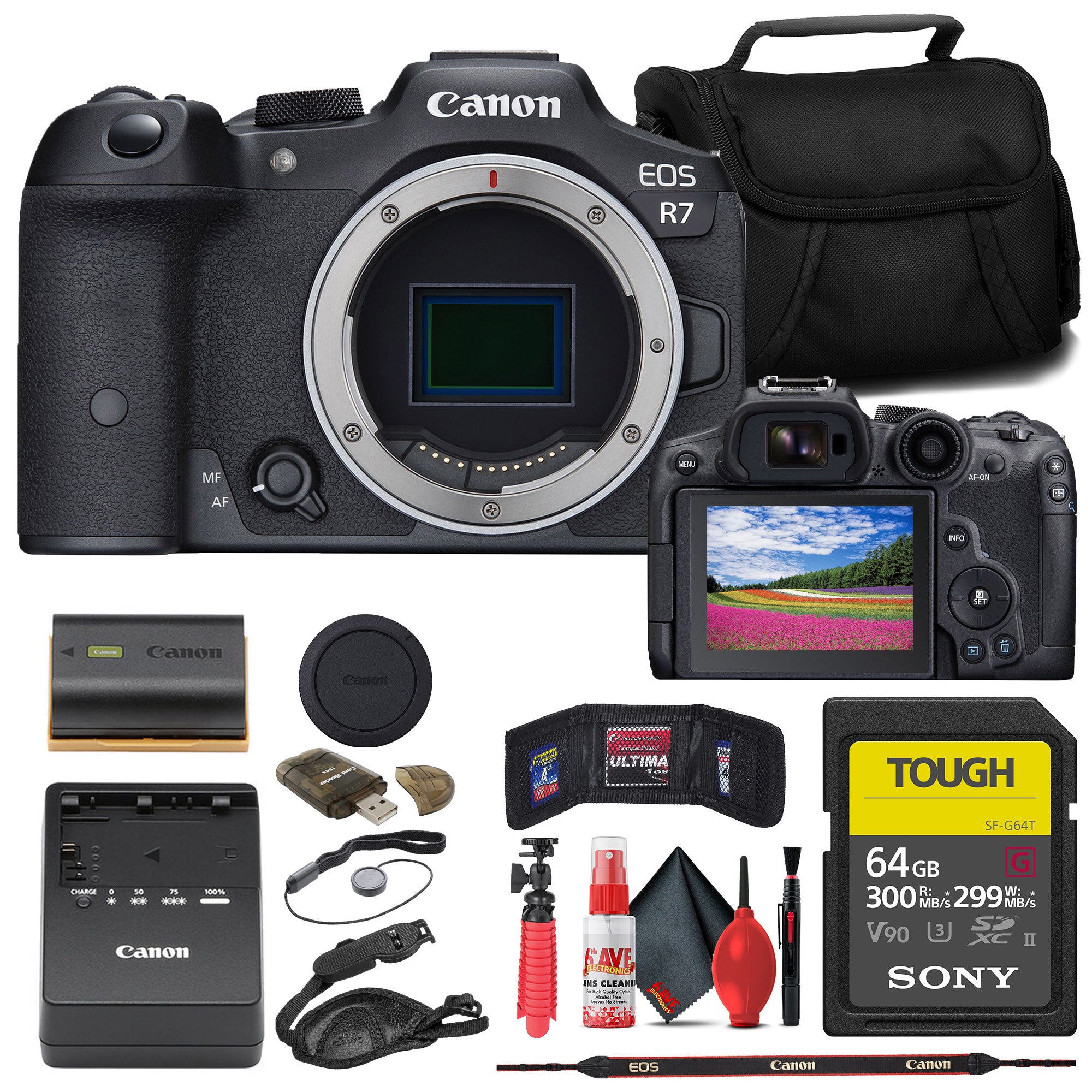 Canon EOS R7 Mirrorless Camera + 64GB TOUGH SD Card + Bag Base Bundle