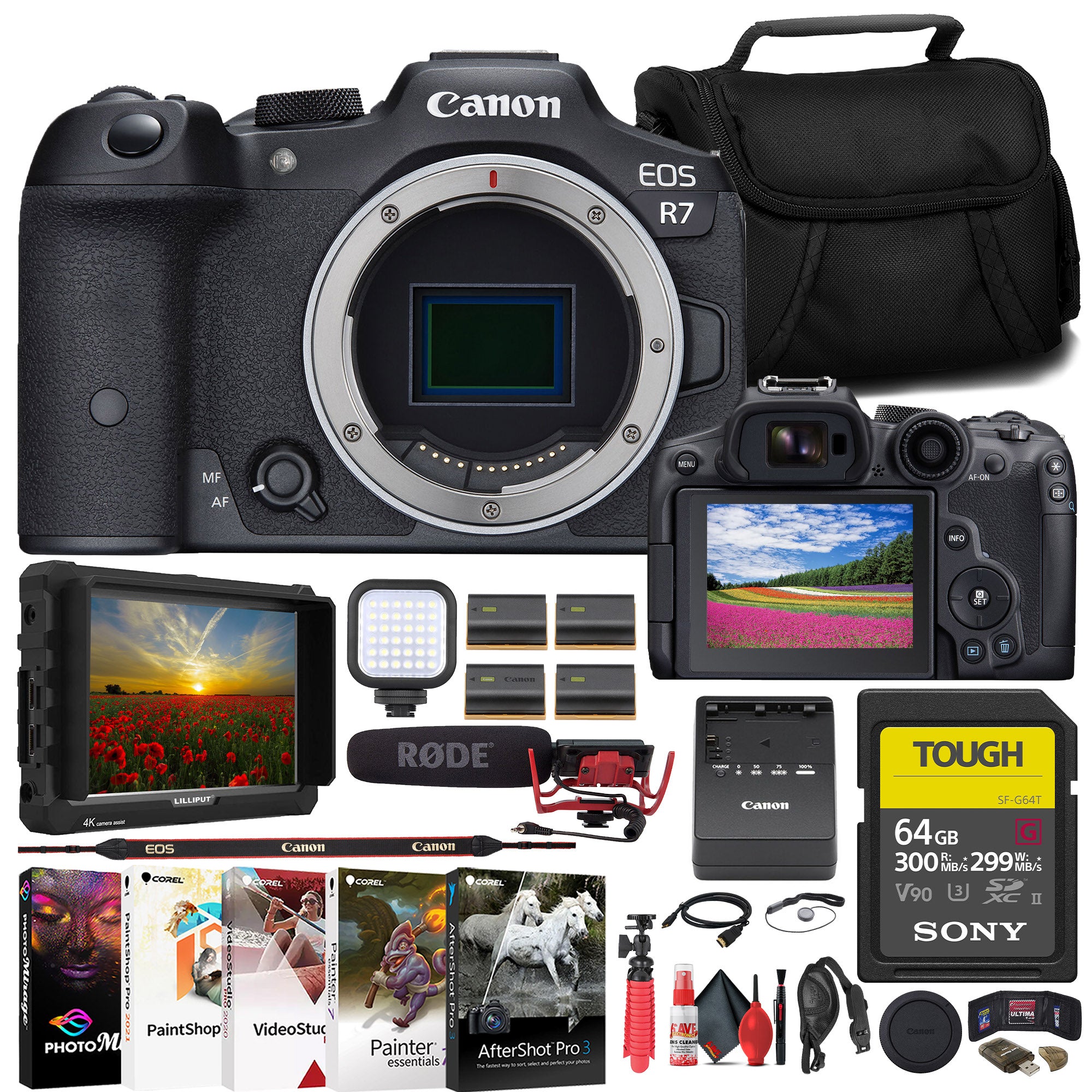 Canon EOS R7 Mirrorless Camera + 4K Monitor + Mic + 64GB TOUGH Card + Bag + More