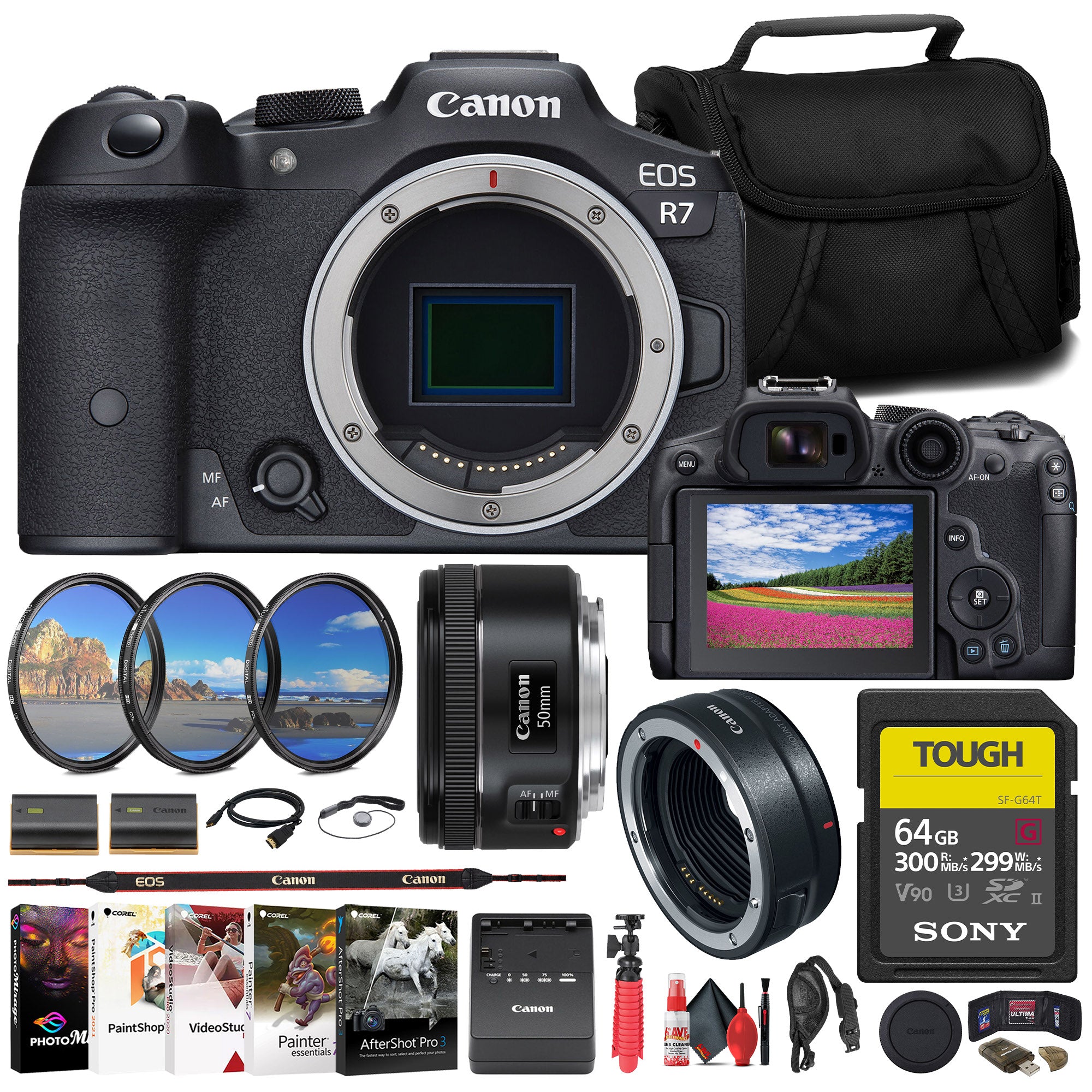 Canon EOS R7 Mirrorless Camera + Canon EF 50mm Lens + 64GB TOUGH Card + More