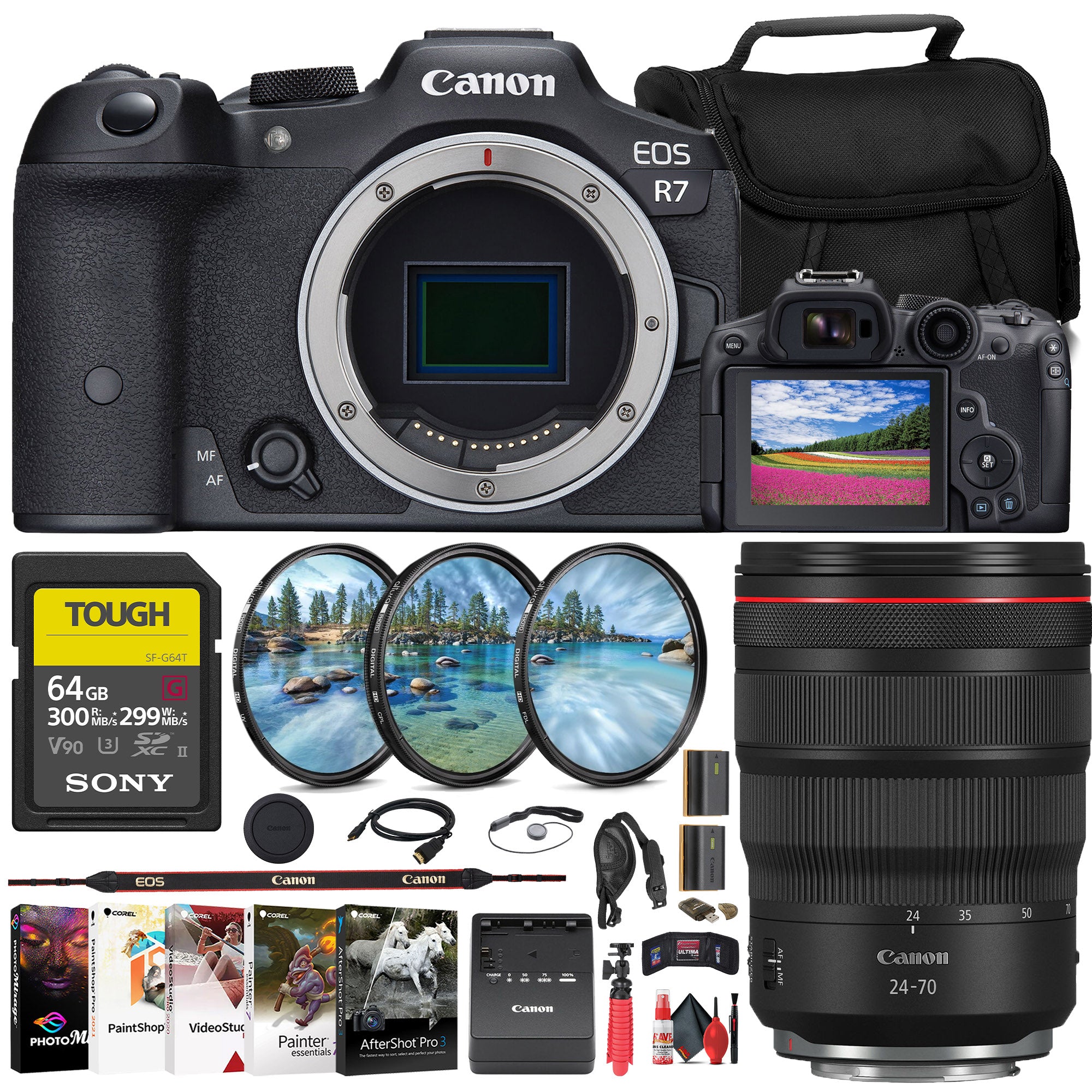 Canon EOS R7 Mirrorless Camera + Canon 24-70mm Lens + 64GB Card + Bag + More