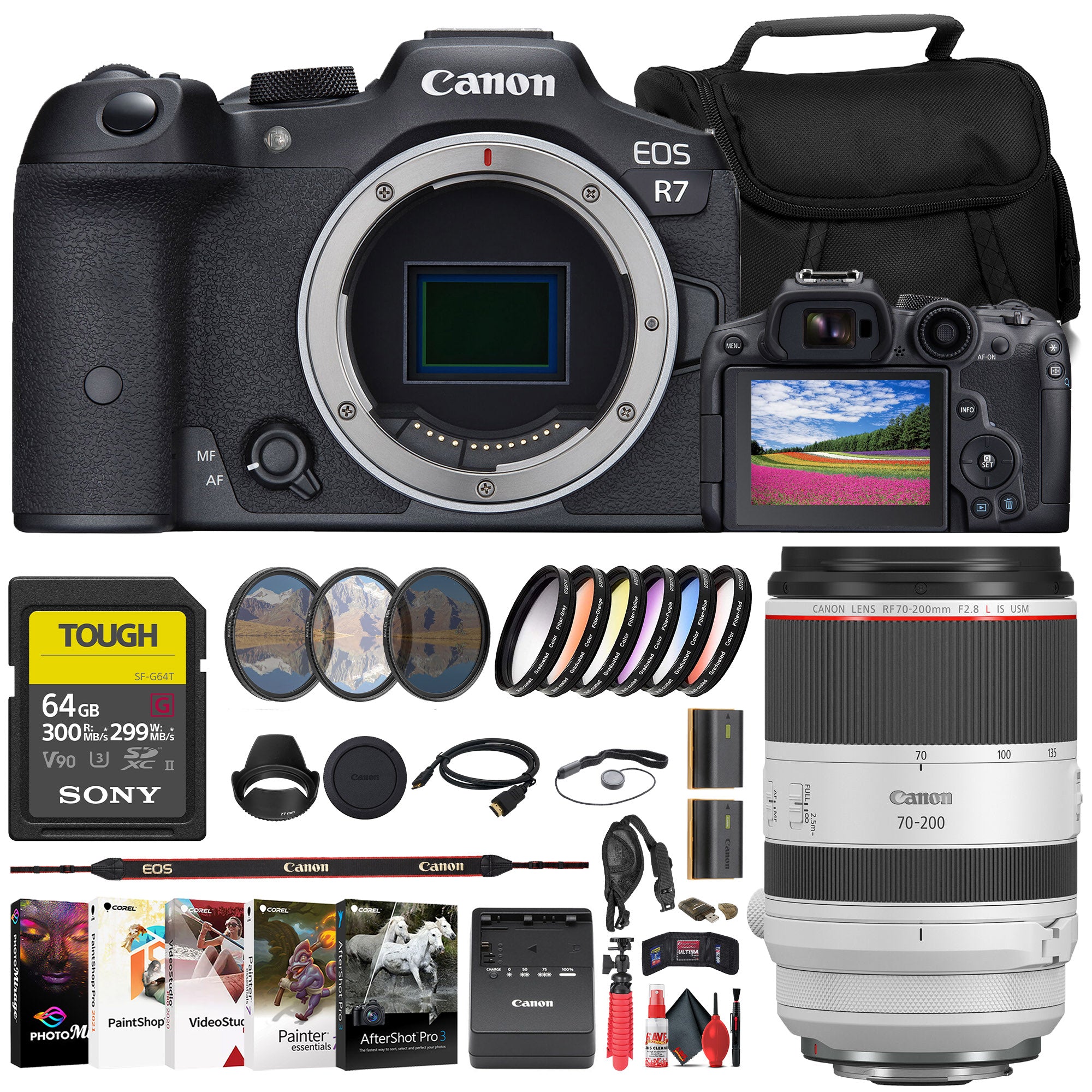 Canon EOS R7 Mirrorless Camera + Canon 70-200mm Lens + 64GB Card + Filter + More