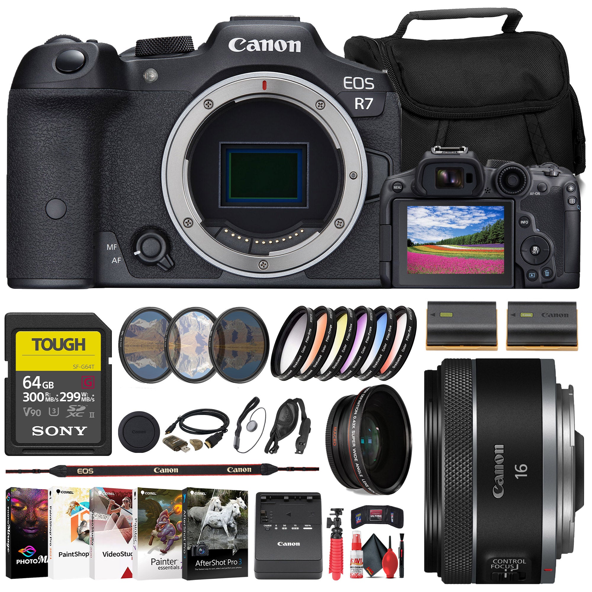 Canon EOS R7 Mirrorless Camera + Canon 16mm Lens + 64GB Card + Filter + Bag + More