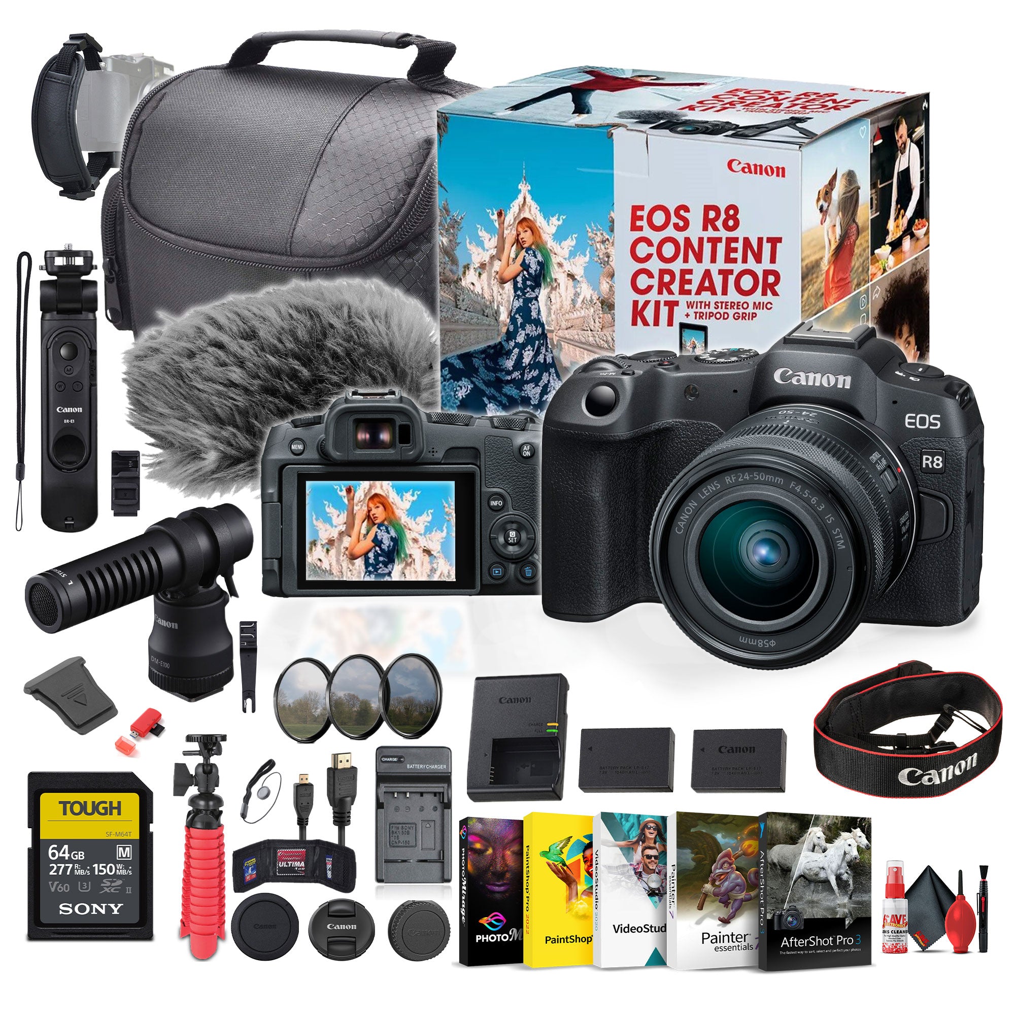 Canon EOS R8 Camera Content Creator Kit with RF 24-50mm f/4.5-6.3 IS STM Lens - Bundle
