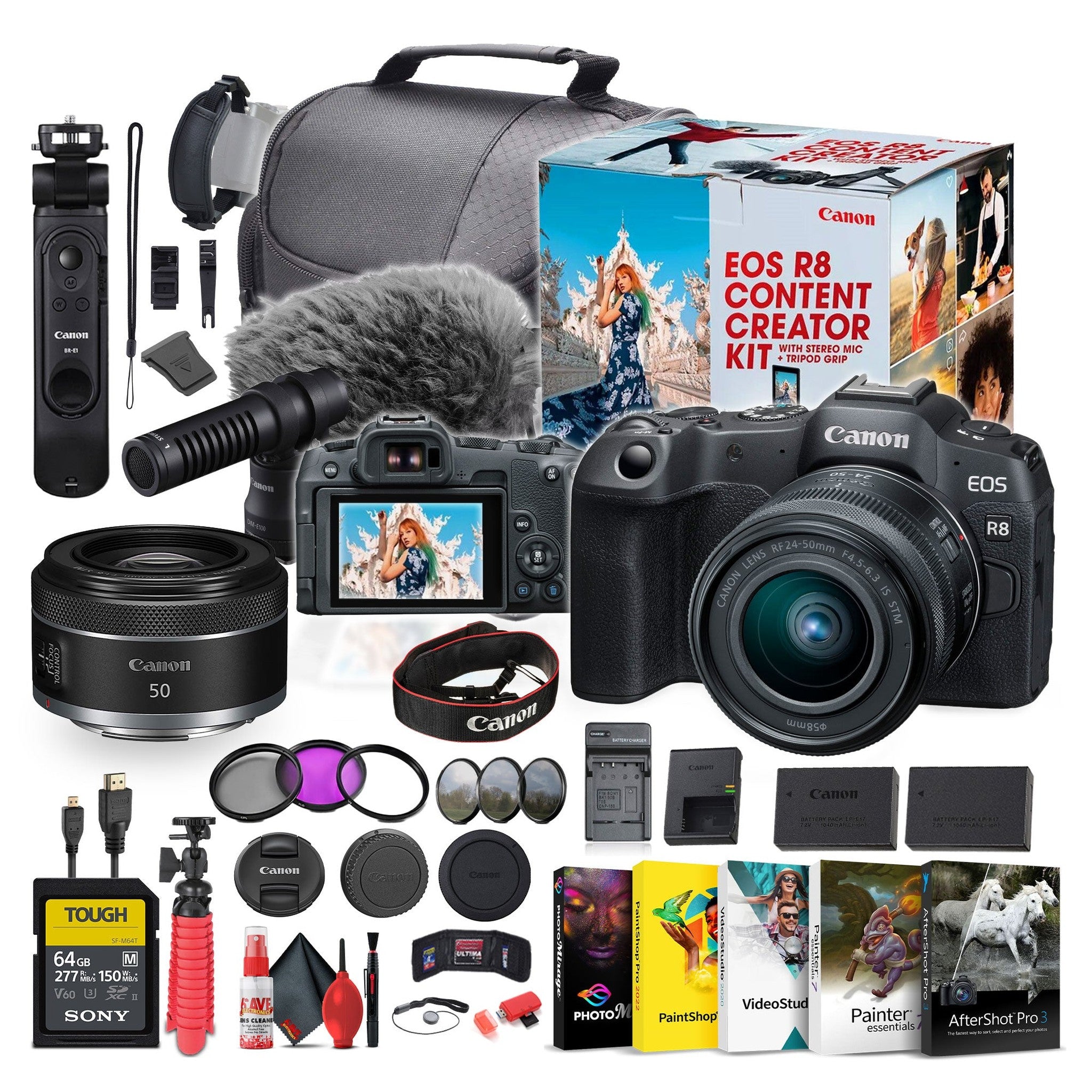 Canon EOS R8 Camera Content Creator Kit with RF 24-50mm f/4.5-6.3 IS STM Lens - Bundle Canon