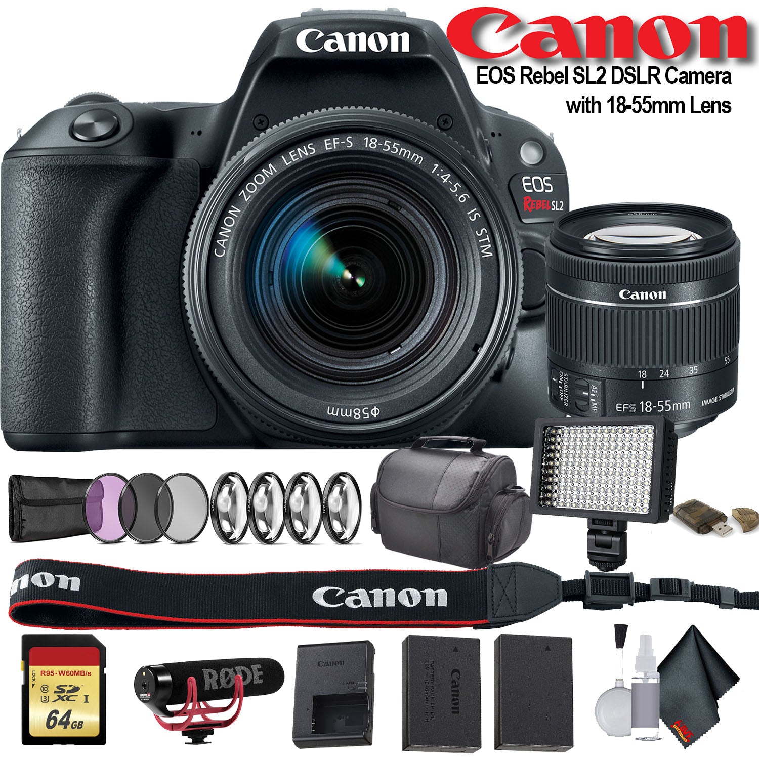 Canon EOS Rebel SL2 DSLR Camera with 18-55mm Lens (2249C002) W/Bag, Extra Battery, LED Light, Mic, Filters and More - Ad