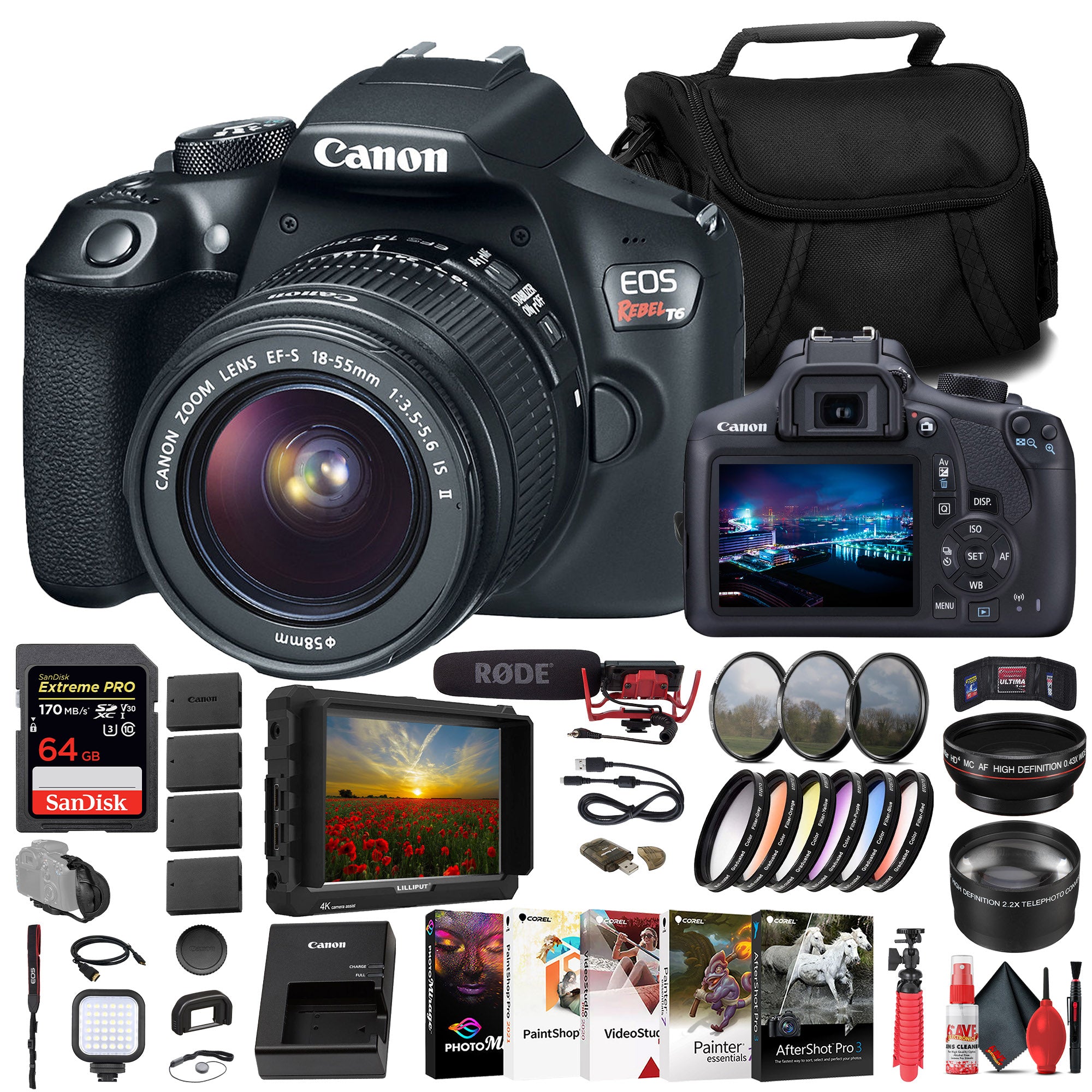 Canon EOS Rebel T6 DSLR Camera W/ 18-55mm Lens + Monitor + Mic + 64GB Card + More