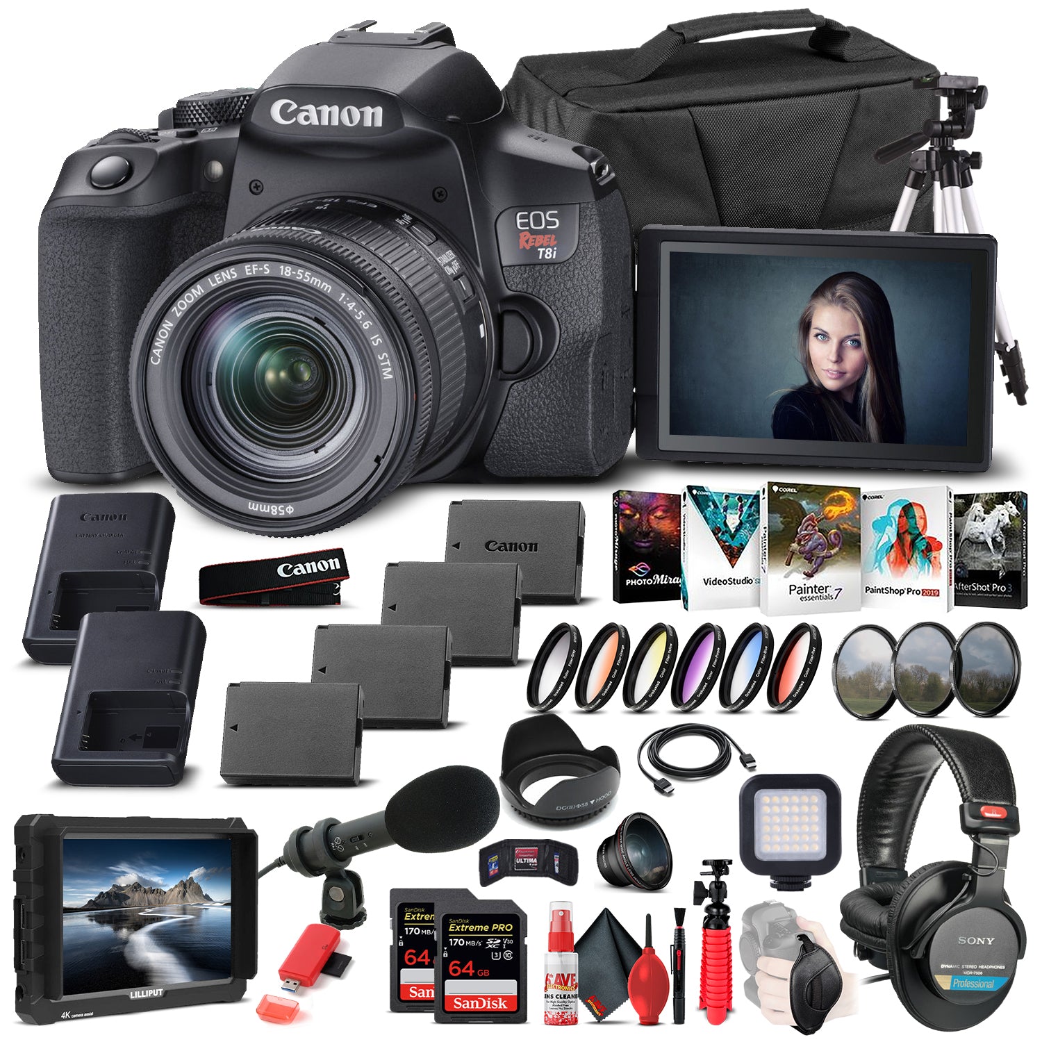 Canon EOS Rebel T8i DSLR Camera W/ 18-55mm Lens 3924C002  - Pro Bundle