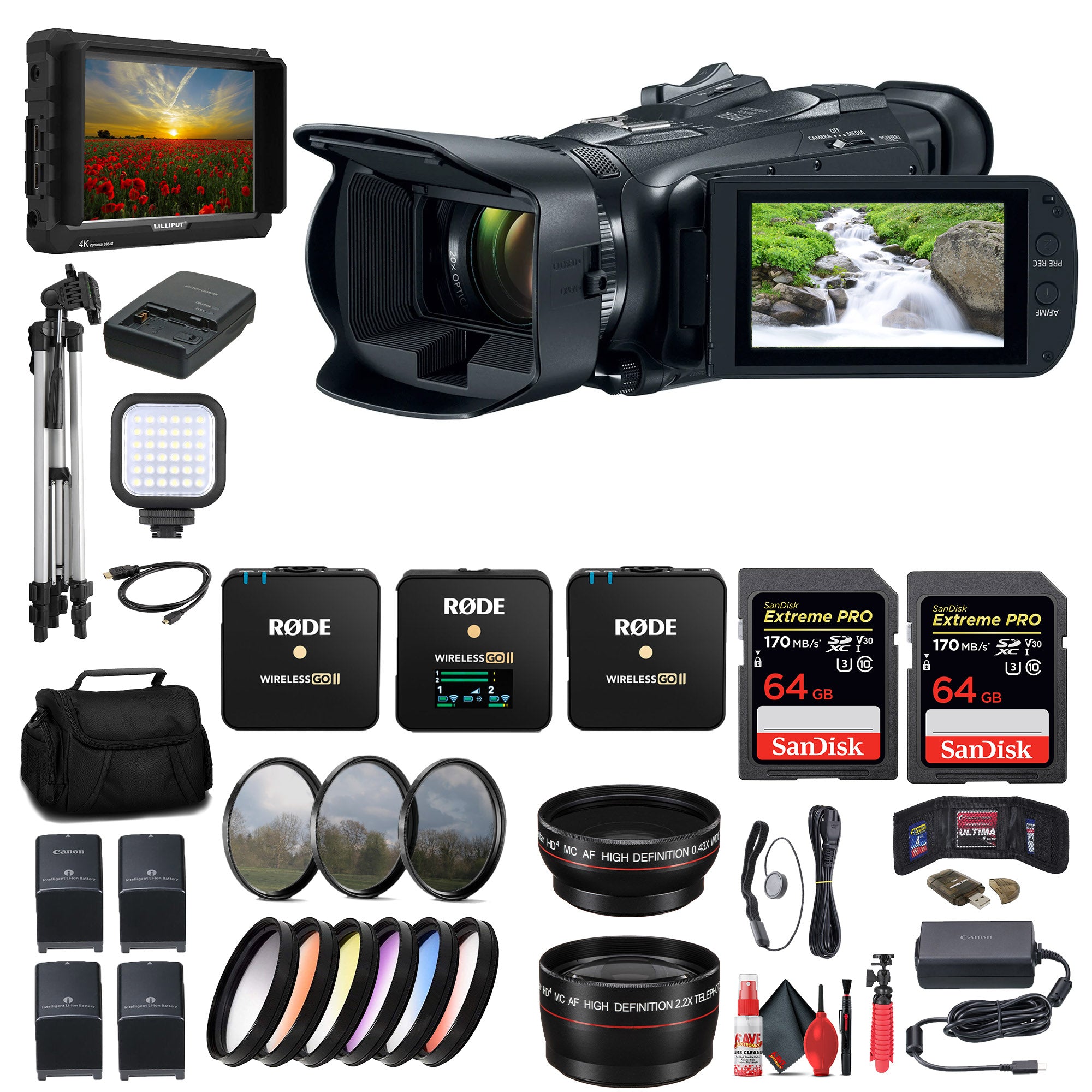 Canon Vixia HF G70 UHD 4K Camcorder + 4K Monitor + Rode Wireless GO II MiC + More