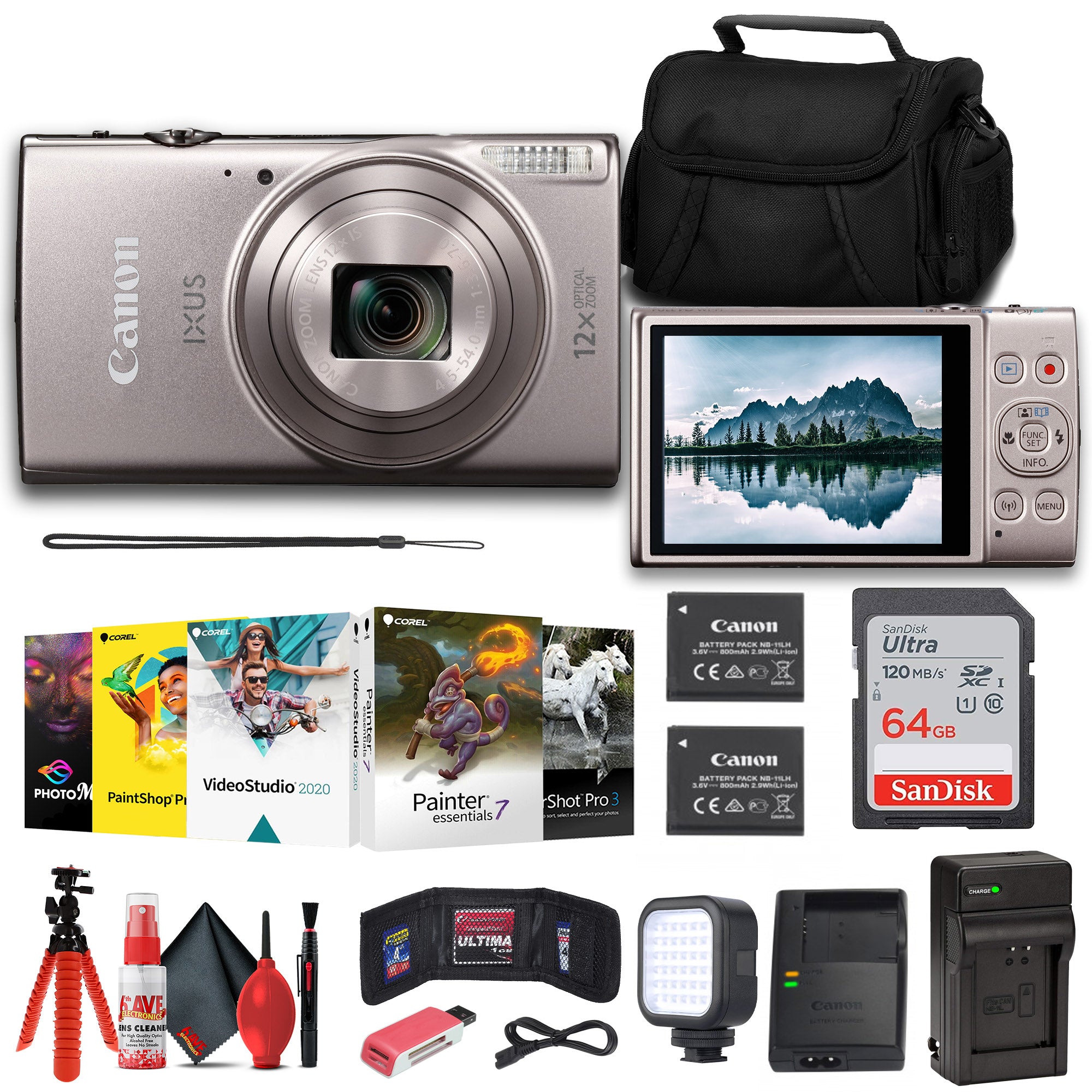 Canon PowerShot IXUS 285 HS Digital Camera (Silver) + NB11L Battery + More