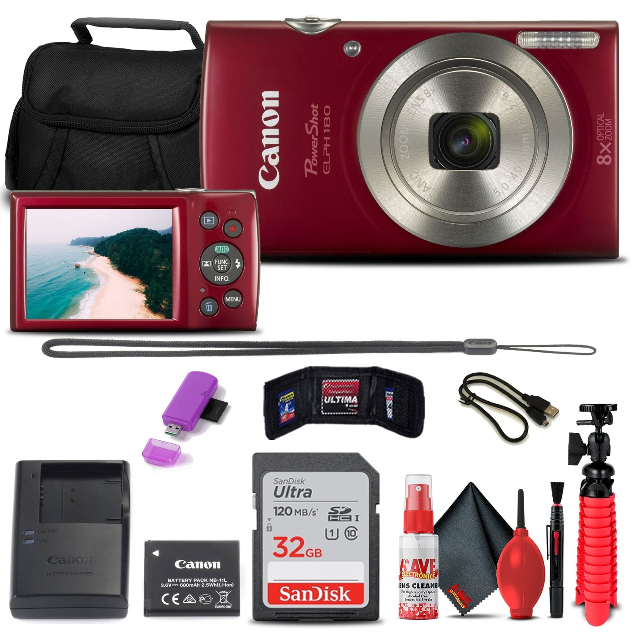 Canon PowerShot ELPH 180 Digital Camera 1096C001 + 32GB Card + More Bundle