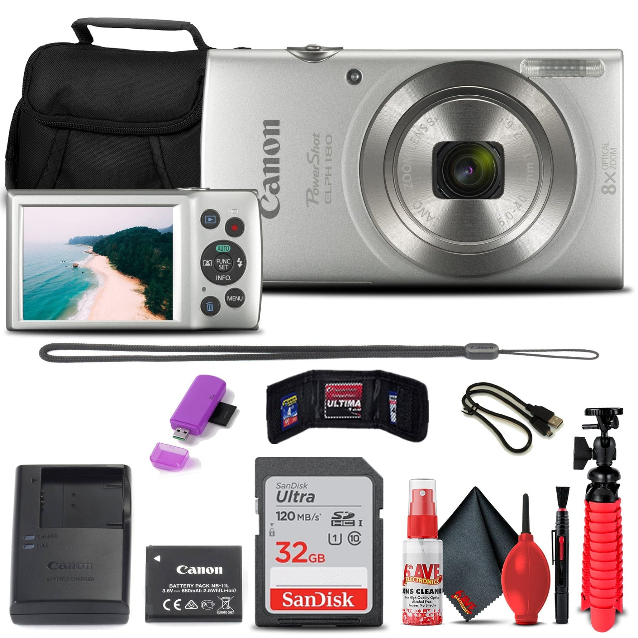 Canon PowerShot ELPH 180 Digital Camera Silver + 32GB Card + More Bundle