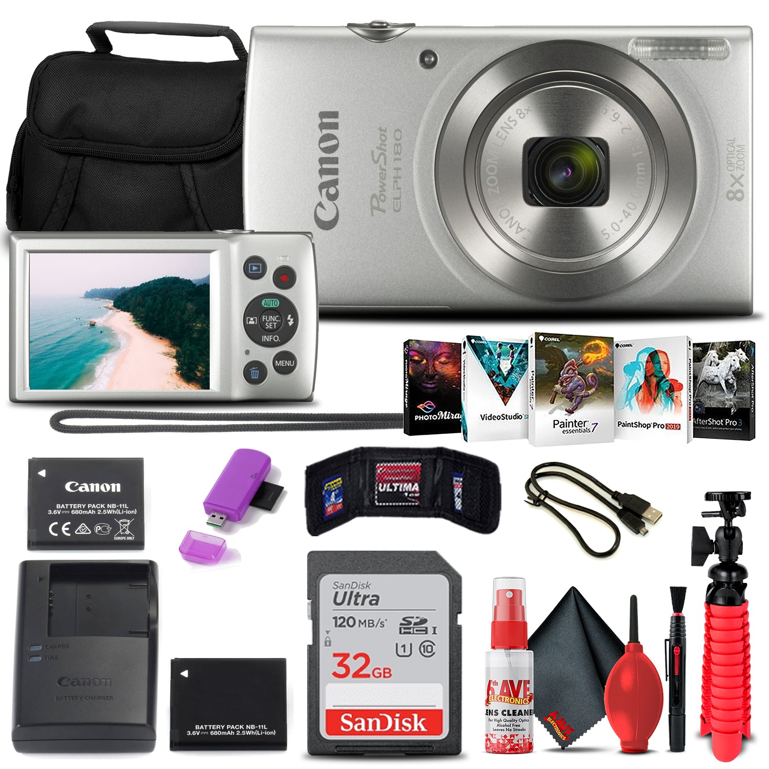 Canon PowerShot ELPH 180 Digital Camera (Silver) + 32GB Card + More Bundle