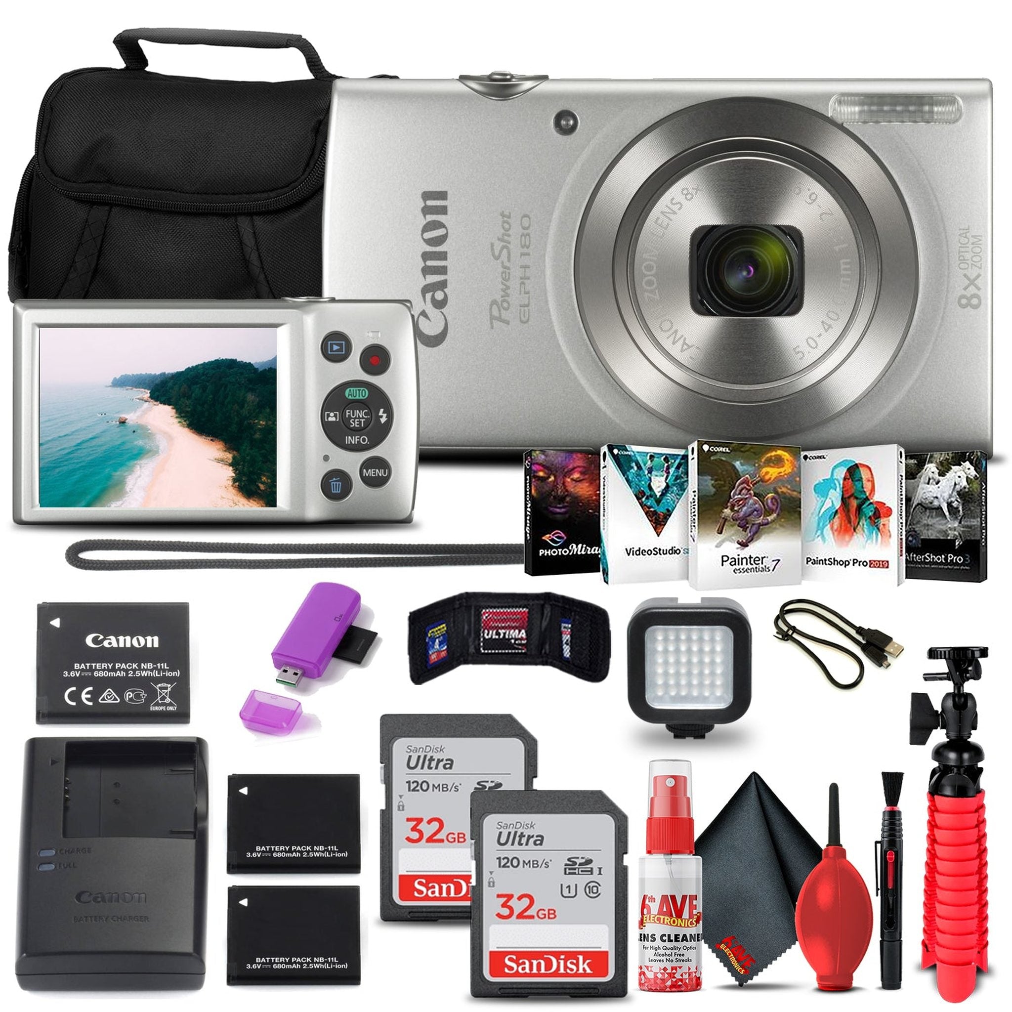 Canon PowerShot ELPH 180 Digital Camera Silver + 2 x 32GB Cards + More Bundle