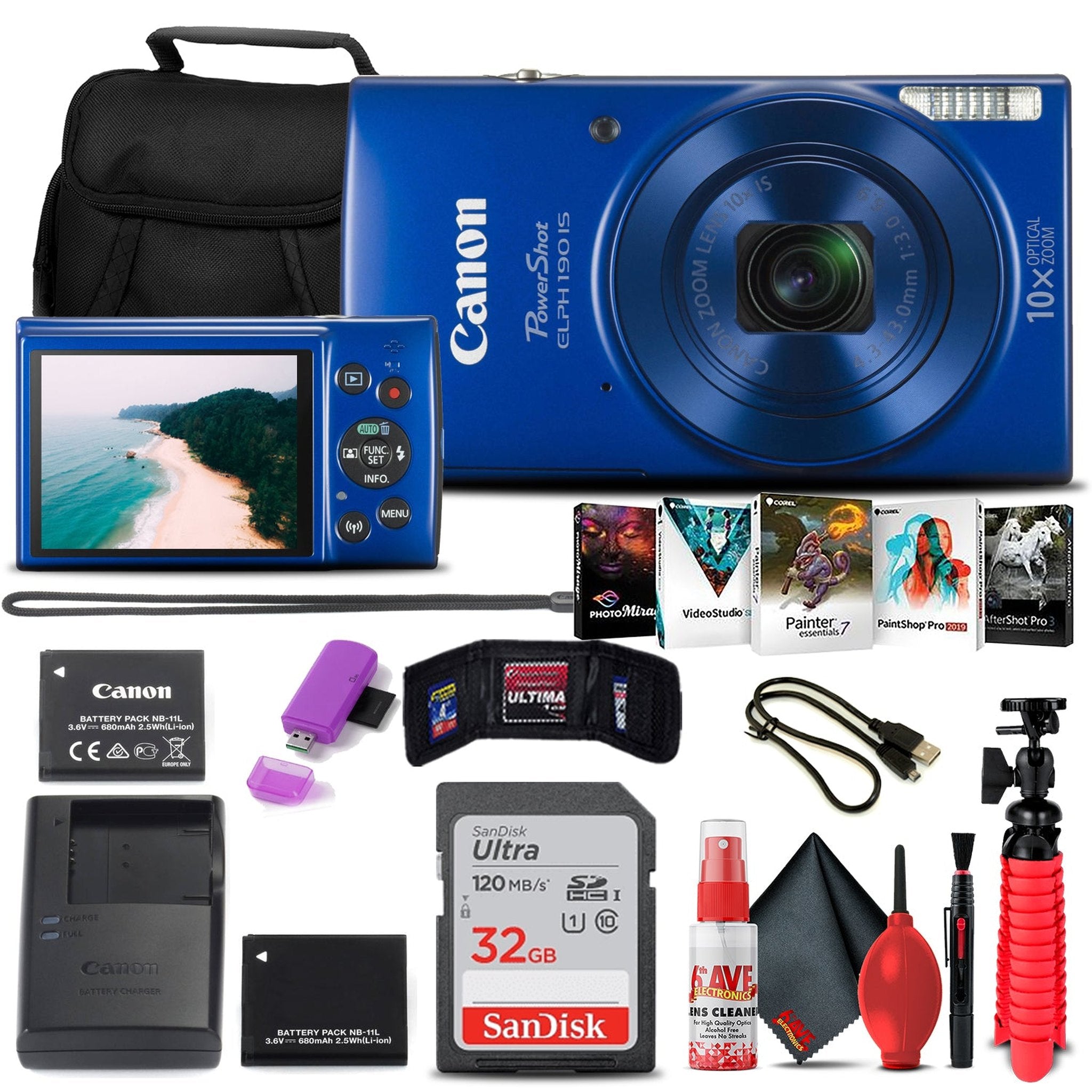 Canon PowerShot ELPH 190 IS Digital Camera Blue + 32GB Card + More Bundle