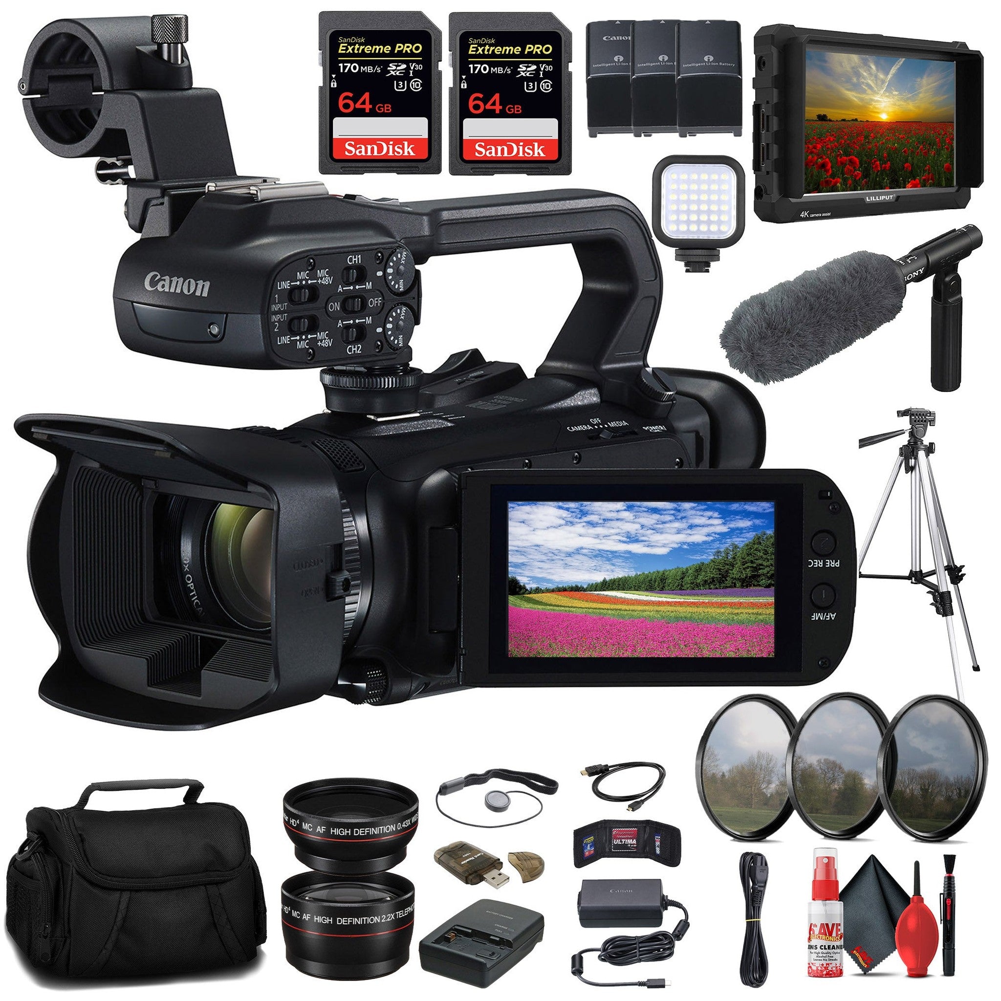 Canon XA60 Professional UHD 4K Camcorder + 4K Monitor + Pro Mic + 2 x 64GB + More - Reconditioned Canon