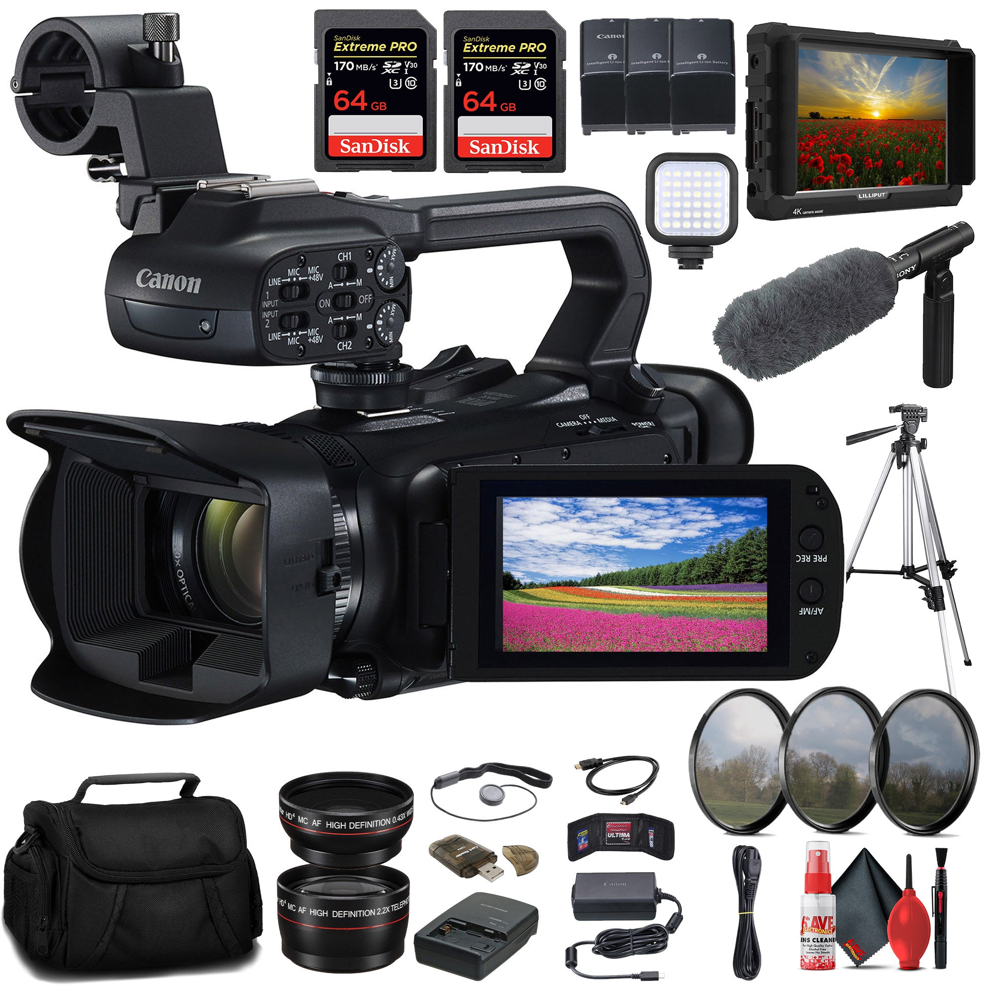 Canon XA65 Professional UHD 4K Camcorder + 4K Monitor + Pro Mic + 2 x 64GB + More