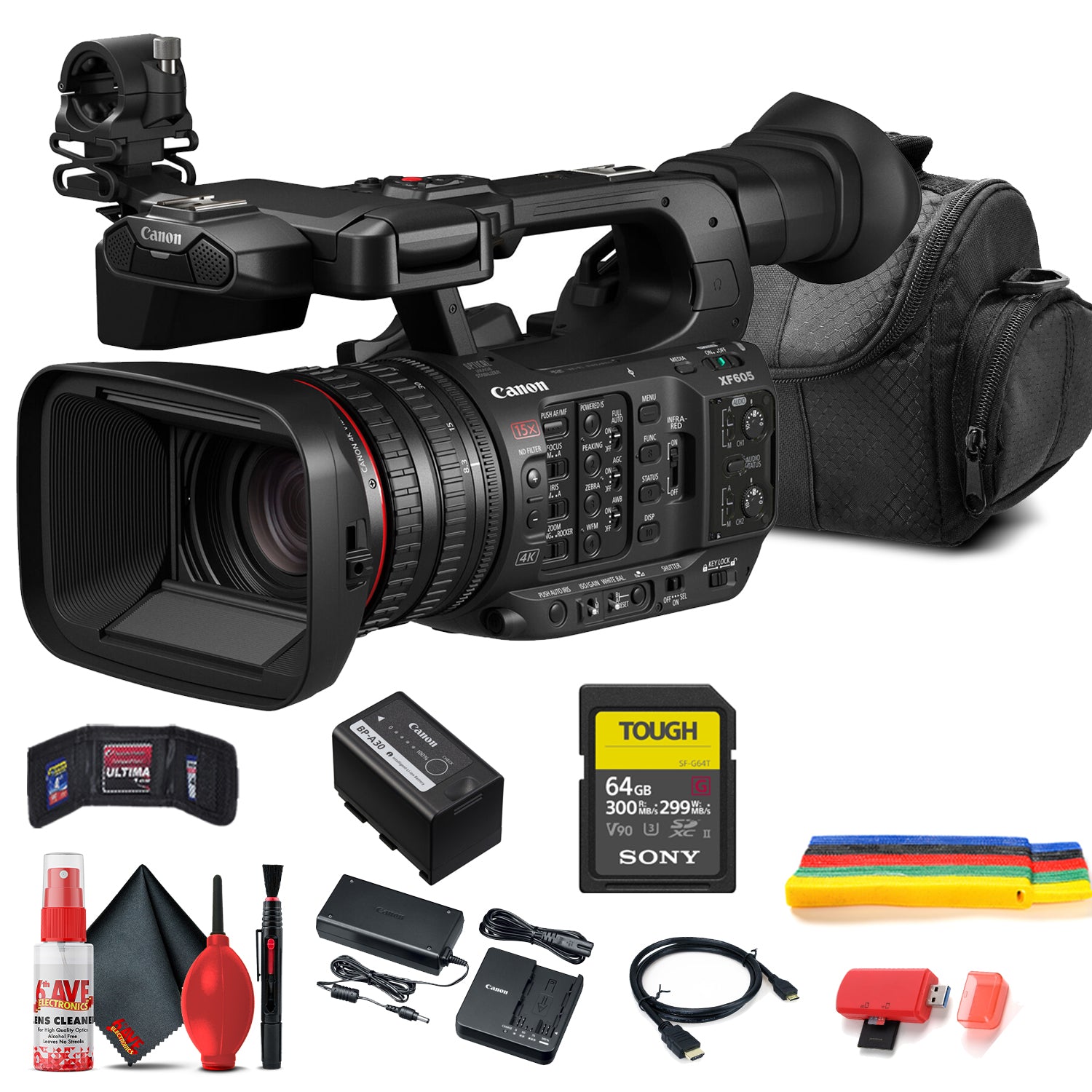 Canon XF605 UHD 4K HDR Pro Camcorder (5076C002) With 64GB Card + Bag Bundle