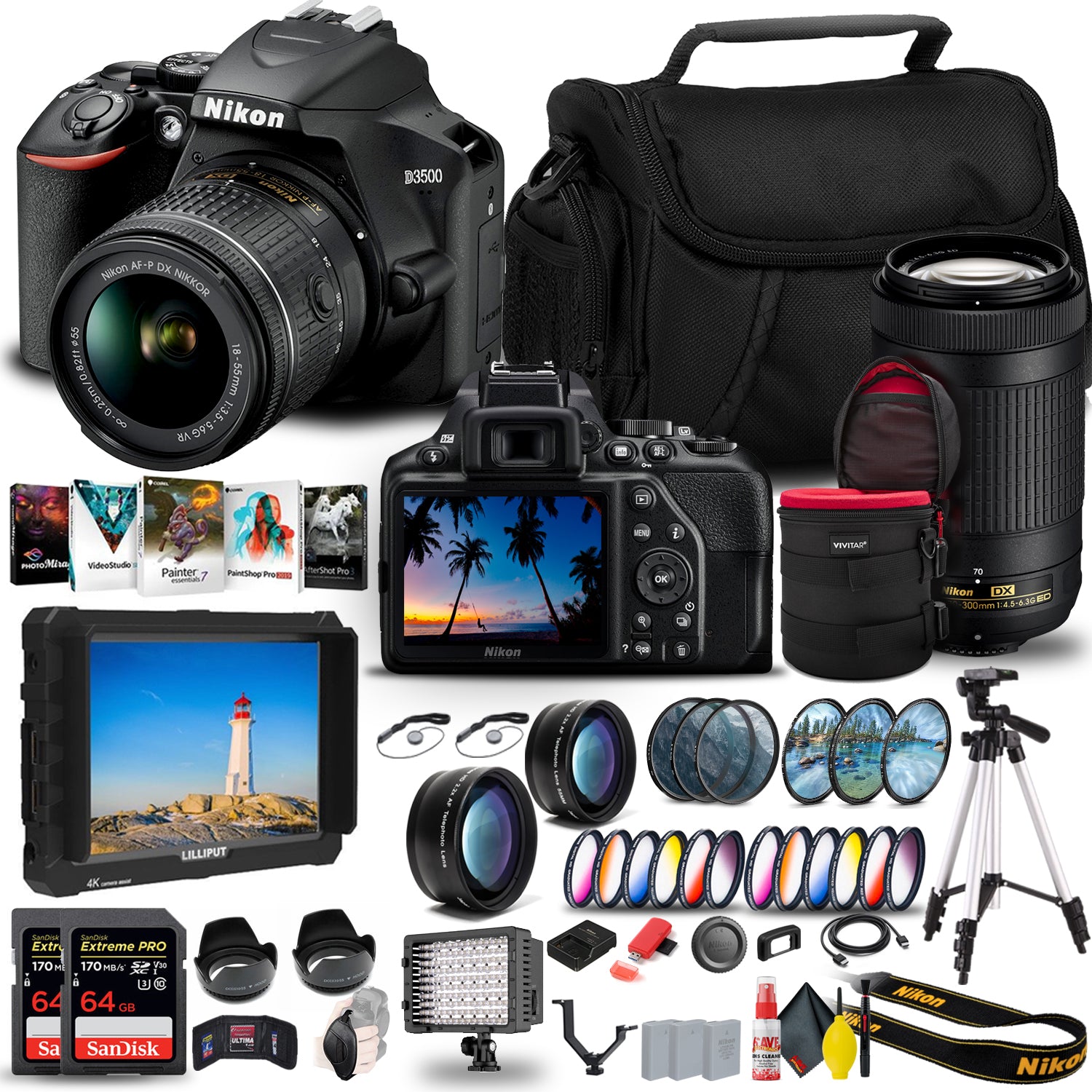 Nikon D3500 DSLR Camera with 18-55mm and 70-300mm Lenses (1588) + 4K Monitor Graphic Bundle