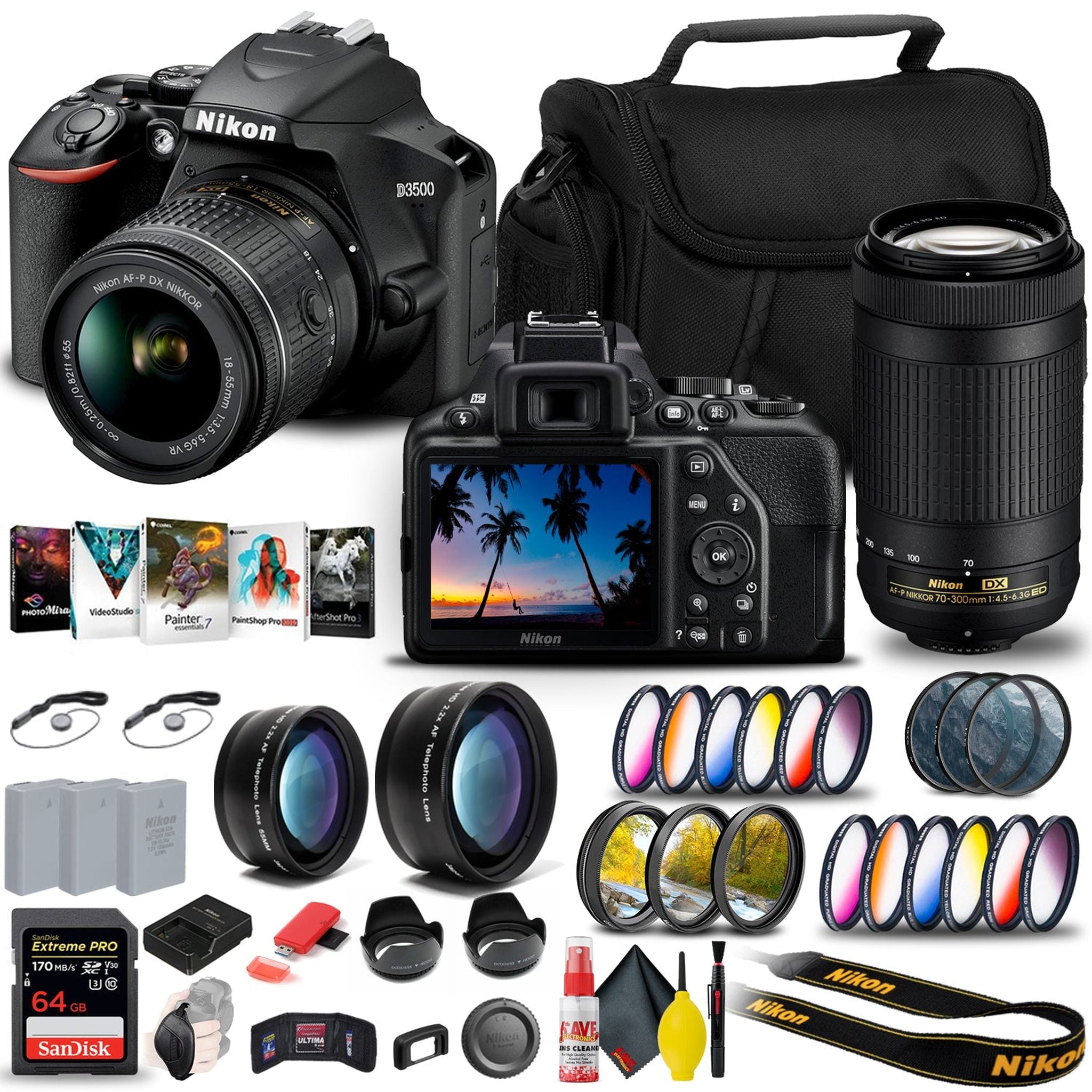 Nikon D3500 DSLR Camera with 18-55mm and 70-300mm Lenses 1588 + 64GB Extreme Pro Card Outdoor Bundle Nikon