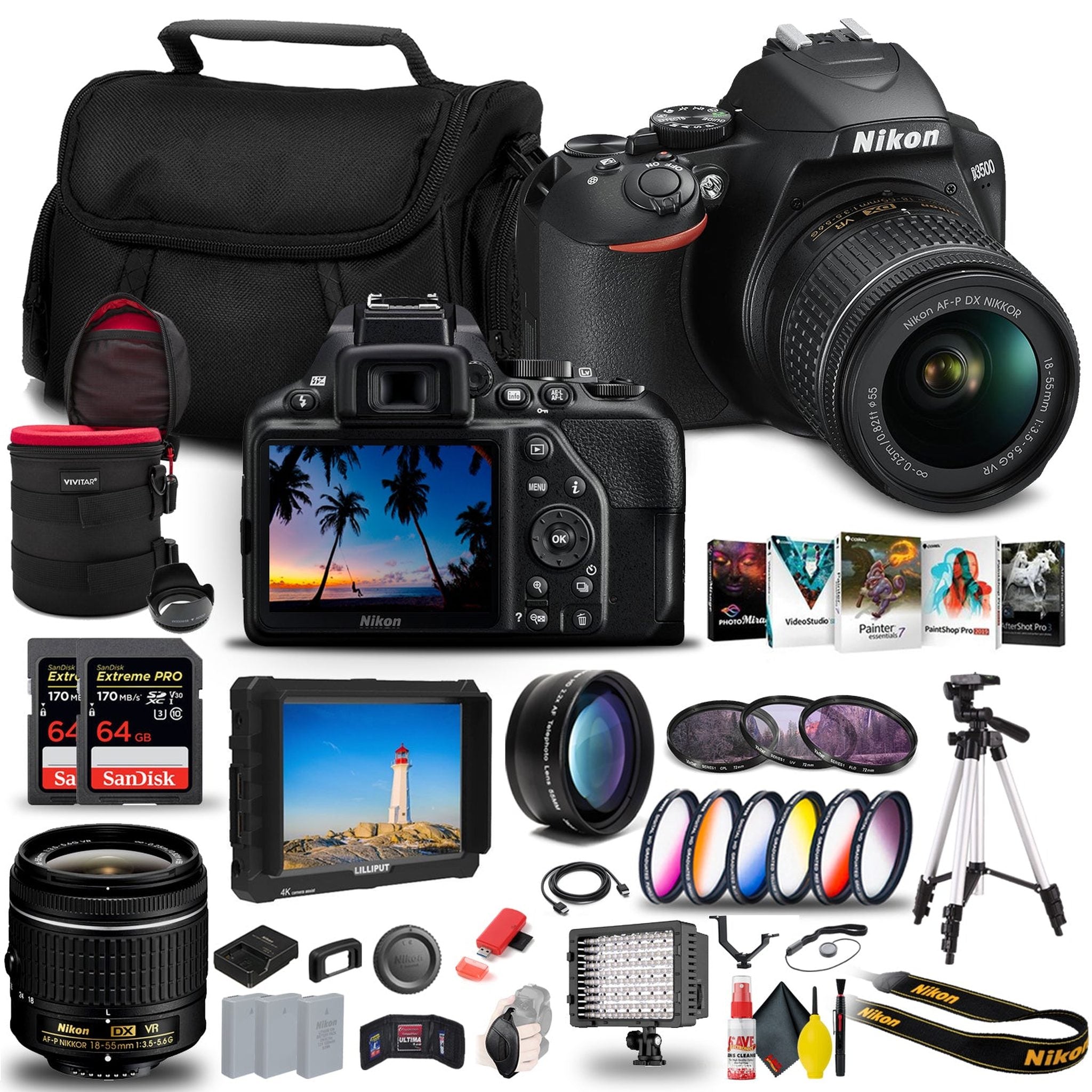 Nikon D3500 DSLR Camera with 18-55mm Lens 1590 + 4K Monitor + 2 x 64GB Extreme Pro Card + 2 x EN-EL14a Battery + Corel Photo Software + Pro Tripod + Case + Filter Kit + More - International Model - Reconditioned Nikon